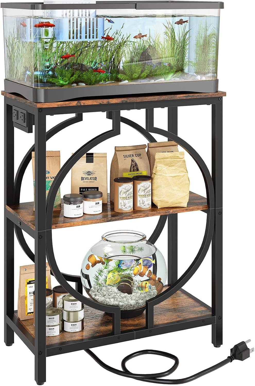 HavenlyYouth 10 Gallon Aquarium Stand with Power Outlet, 3 Tier Heavy Duty Metal Fish Tank Stand with Storage, Fish Tank Table for Home Office, 21.3″ x 11.8″ x 29″, Rustic Brown