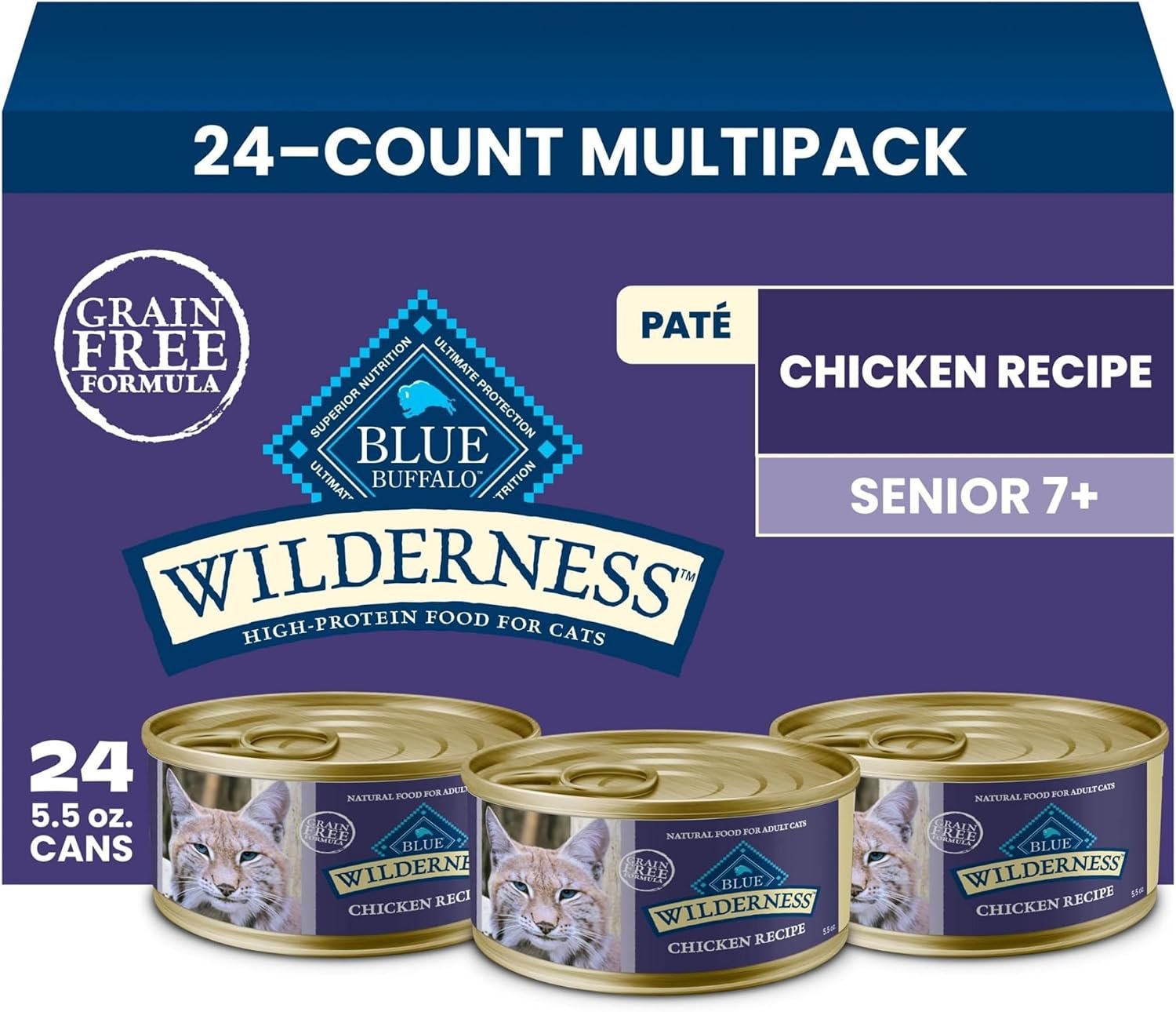 Blue Buffalo Wilderness Chicken Adult 7+ Wet Cat Food Paté, 5.5 oz, 24 ct | Real Chicken #1 Ingredient, High Protein & Grain-Free Recipe, Supports an Active Lifestyle