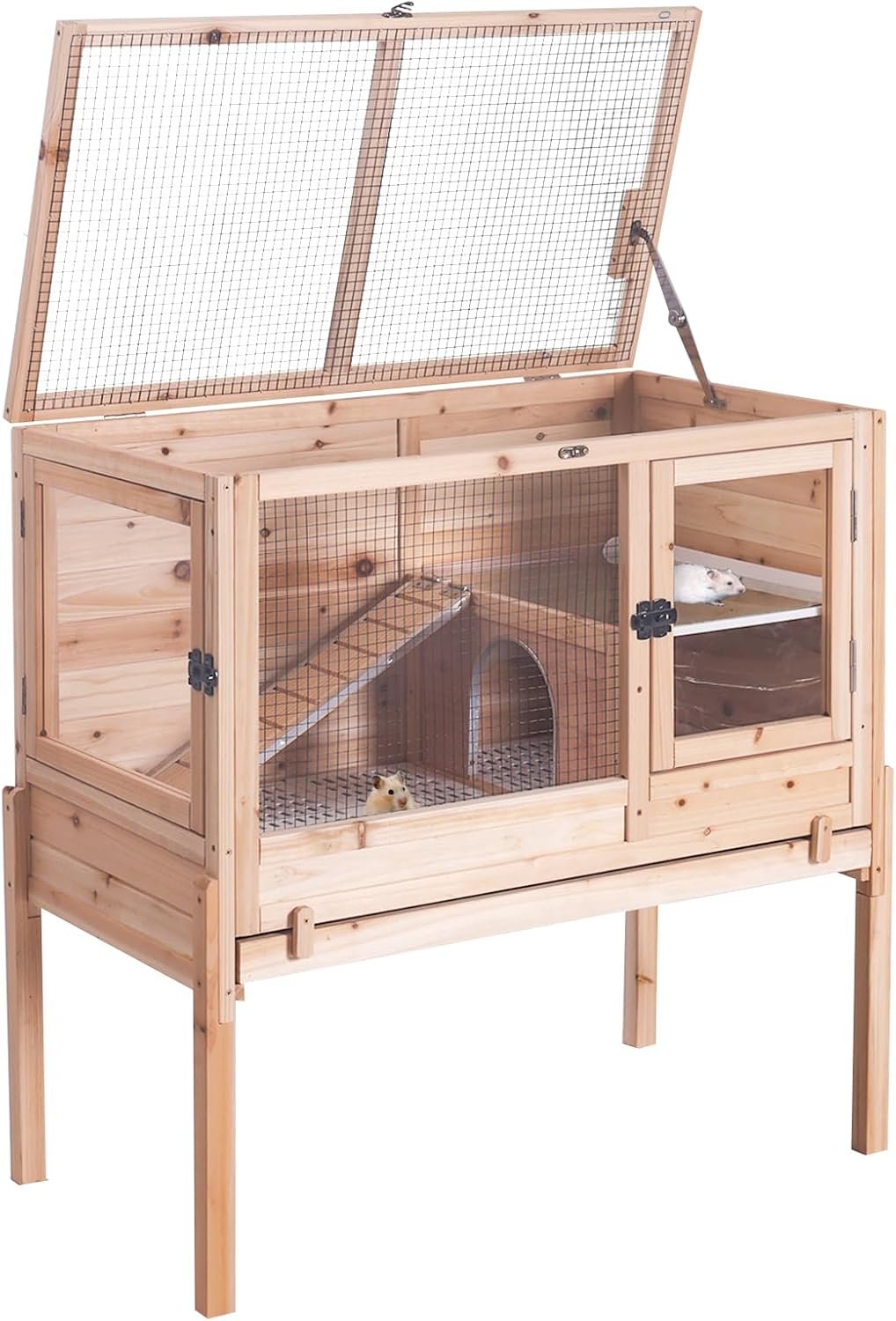 Wooden Guinea Pig Cages Indoor,Two-Story Wooden Rabbit Cage Hutch with Removable Stand and Pull Out Tray, Small Animals Cage Habitat with Ramp and Plastic Mesh(Natural Wood Color)