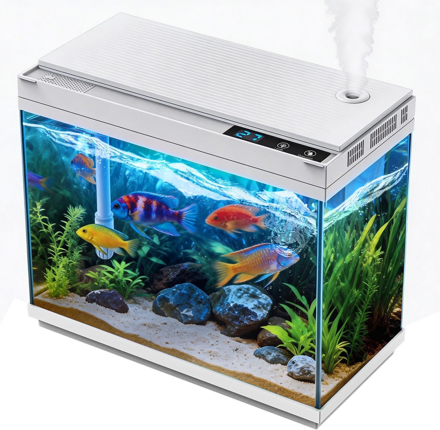 Smart Aquarium Fish Tank with Silent Water Pump, 2.4 Gallon Small Aquarium with Quick Start Kit, Temperature Display, Humidifier and RGB Lights, Perfect for Home, Office, and Decor, White