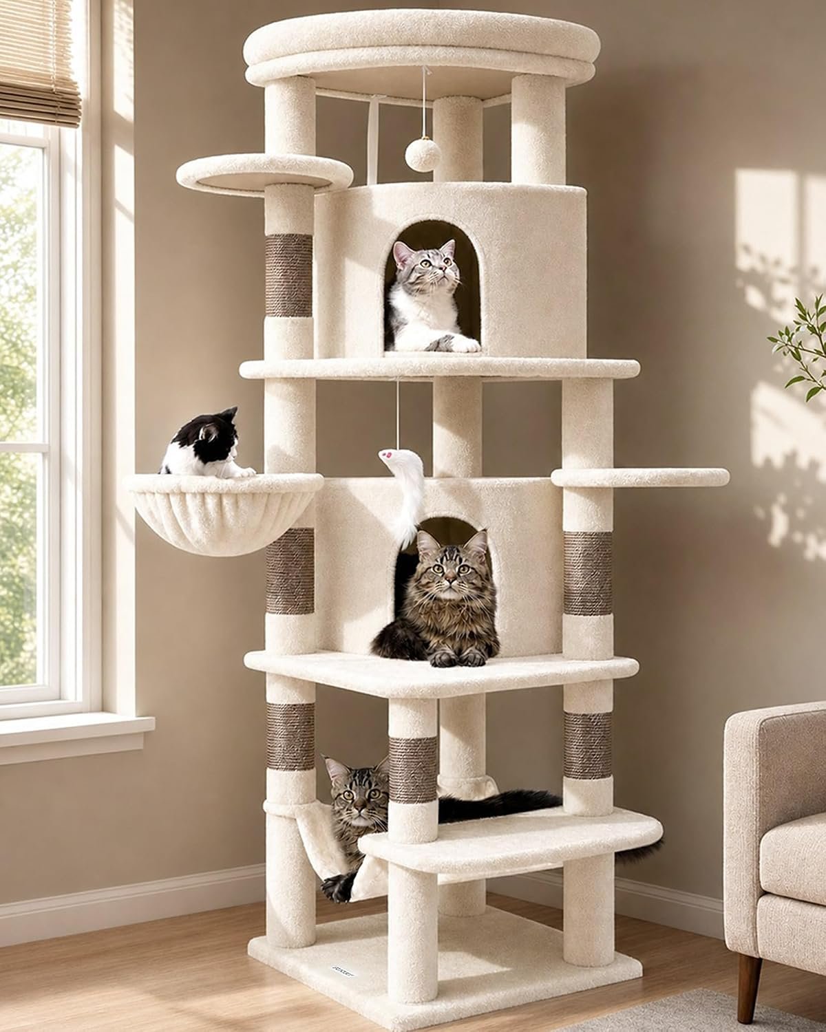 Globlazer 66inch Corner Cat Tree Tower for Indoor Large Cats, C66, Beige | Space-Saving Stable Adult Cat Tower with 6 Scratching Posts, 2 Large Fan-shaped Condos & Top Perch, Hammock, Climbing Steps