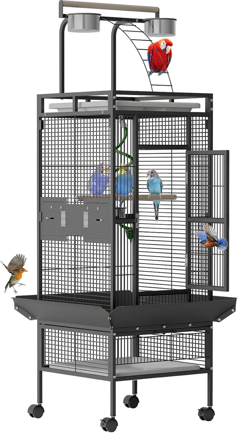 60″ Wrought Iron Large Bird Cage with Rolling Stand, Play Top & 4 Stainless Steel Bowls, Metal Parrot Cage for African Grey, Cockatiel, Conure, Lovebird, Budgie, Black