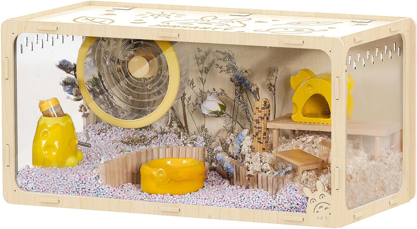 31.5 inch Wooden Hamster Cage, Large Habitat, Openable Top, Transparent Acrylic for Interior View, Ventilated, Easy to Clean, for Syrian Hamster, Dwarf Hamster, Gerbil, Other Small Pet Animals