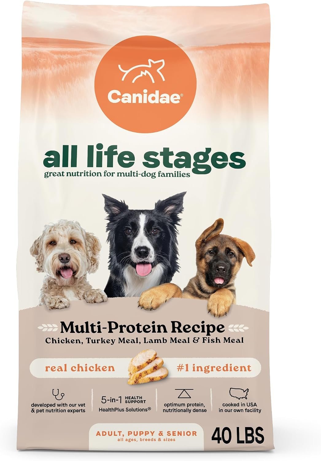 Canidae All Life Stages Multi-Protein, Chicken, Turkey, Lamb & Fish, 40 lb | Dry Dog Food for Puppies, Adults, and Seniors, Free from Corn, Wheat, and Soy, 5-in-1 Health Support