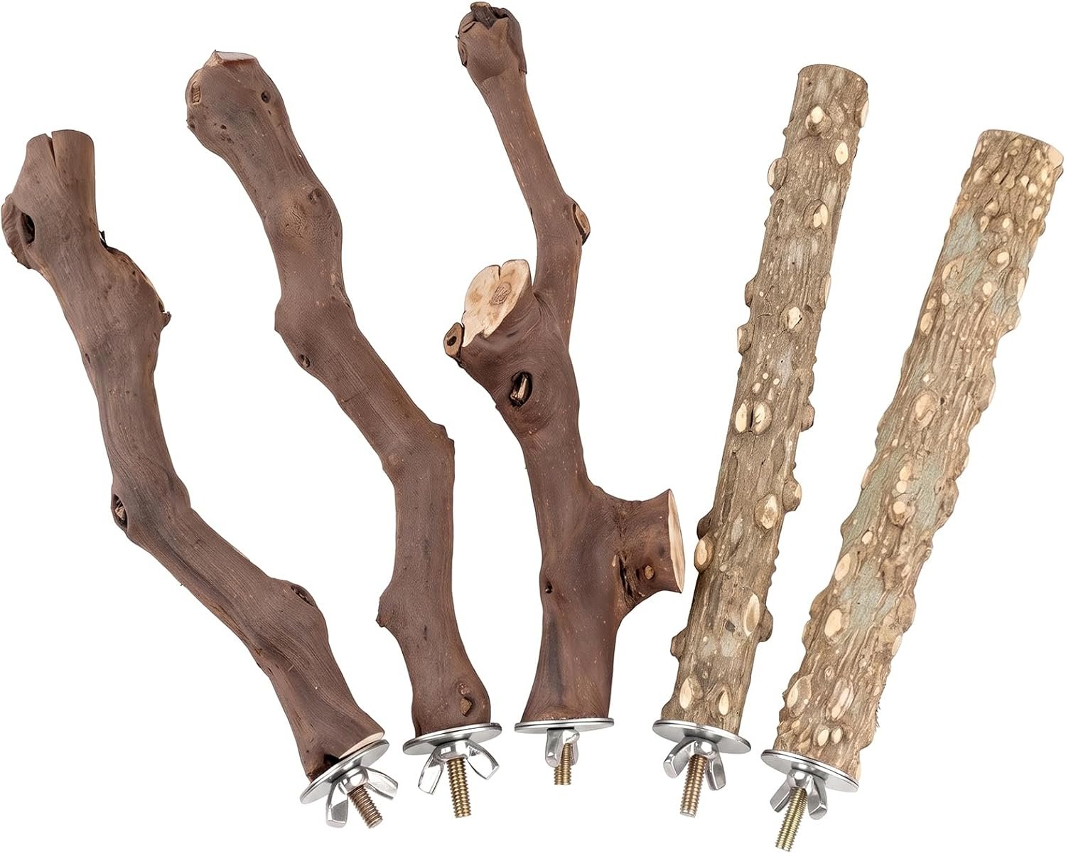 5PCS Bird Perch Stand Natural Wooden Parrot Stand Branch,3 Grape Wood Perch,2 Stand,Paw Grinding Fork Parakeet Chewing Stick Exercise Training Branches for Cockatiels,Small Medium Birds