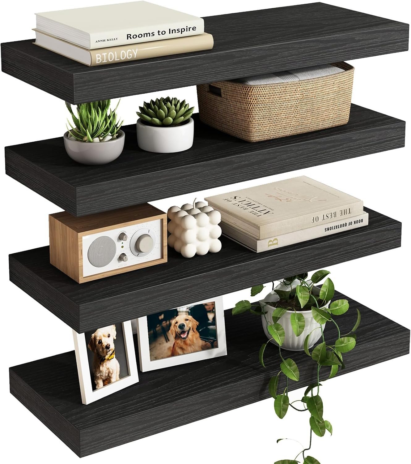 Fixwal Floating Shelves for Wall Decor (Black, Set of 4, 15.7 Inch) | MDF Shelves with Metal Brackets, Space Saving for Books, Decor, Works in Bathroom, Kitchen, Living Room, Bedroom