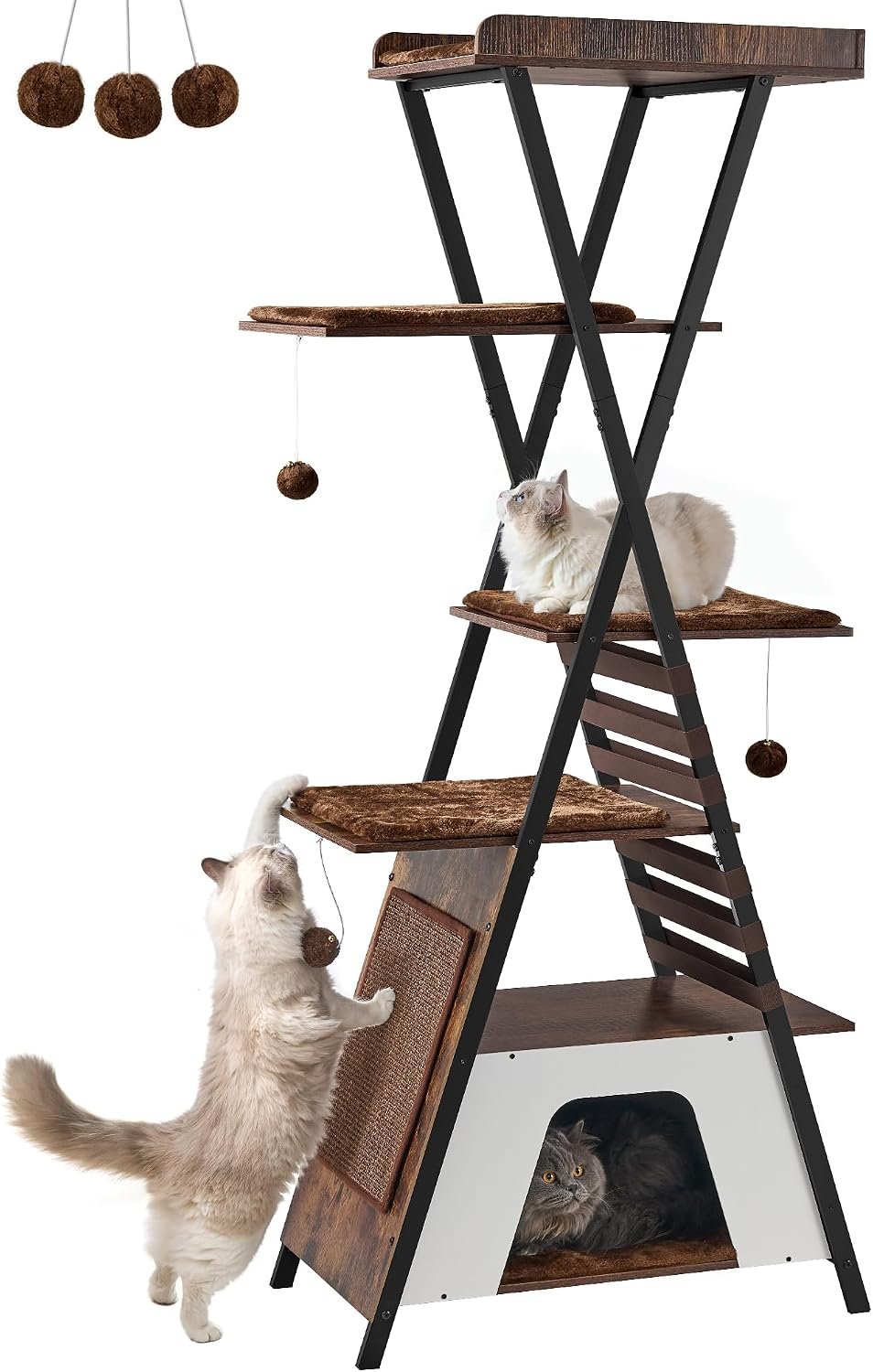 FourFurPets 72.4″ Modern Cat Tower for Indoor Cats – Multi-Level Condo With Caves, Tall Tree With Scratching Board, Wooden Tower With Large Perch, Removable Pads, Rustic Brown