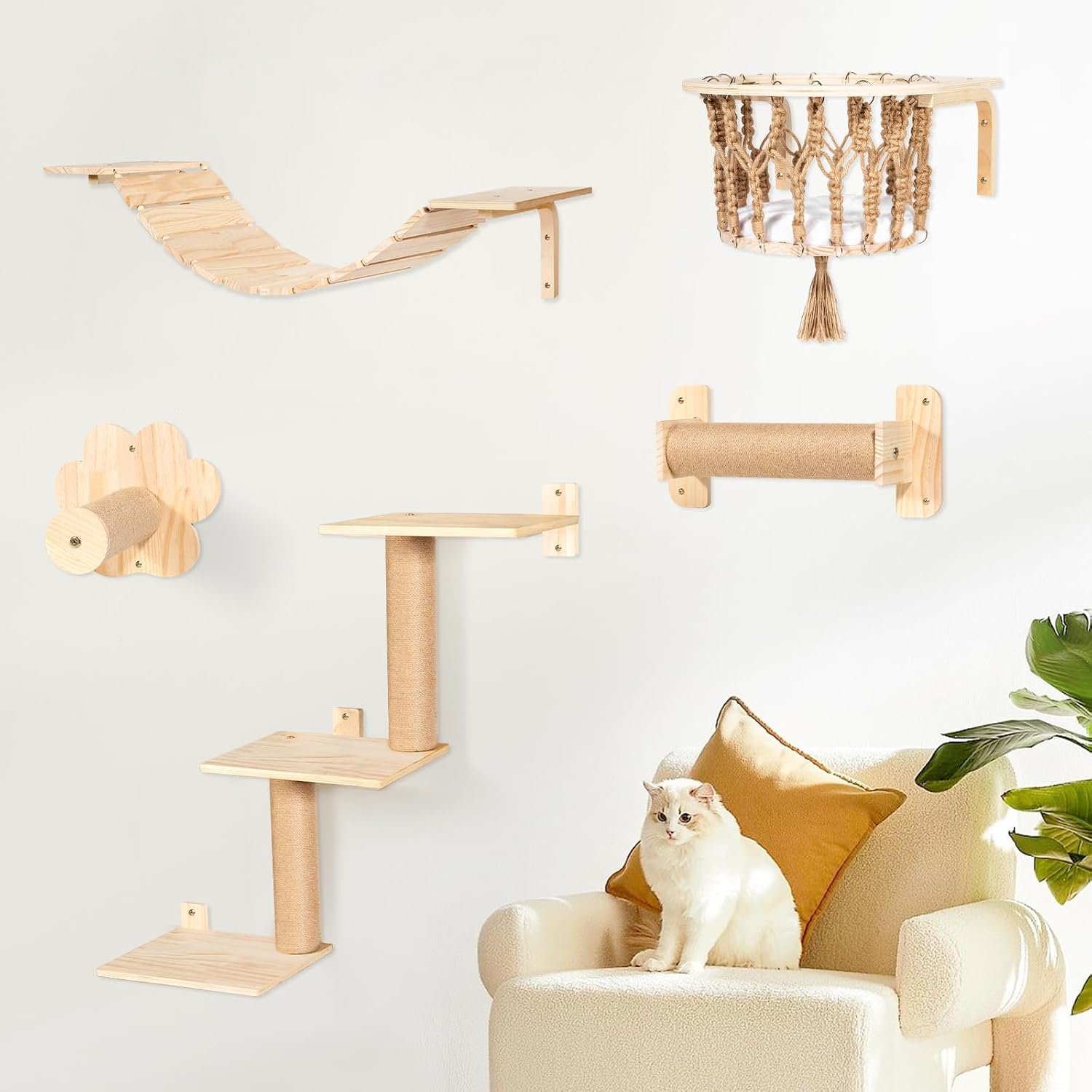 TAKEKIT Cat Wall Shelves and Perches, Wall Mounted Cat Furniture with Hammock, Bridge, Tree, Steps and Scratching Posts, Wooden Climbing System for Indoor Large Cats and Kittens