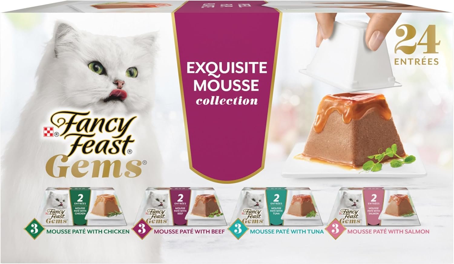Purina Fancy Feast Gems Salmon Variety Pack Wet Cat Food, 4 oz, 12-Pack | 24 single servings, mousse pate with savory gravy, made with no artificial preservatives, 100 percent complete and balanced
