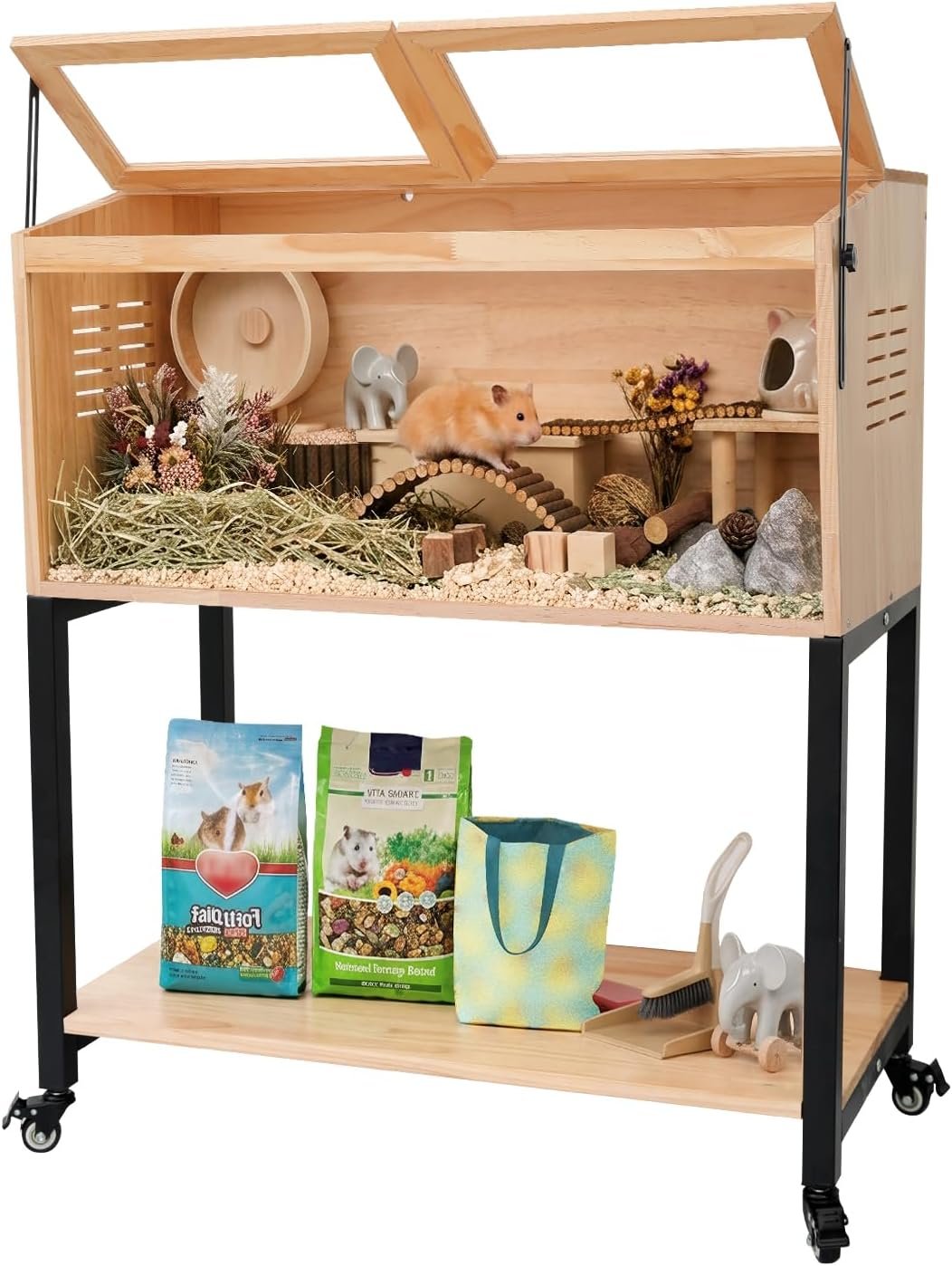 Wooden Hamster Cage with Storage Shelf, Pine, Chewproof, 32″ L x 16″ W x 38.0″ H Large Hamster Cage, 2 Tiers Movable Small Animal Cages with Stand & Wheels, Guinea Pig Cages