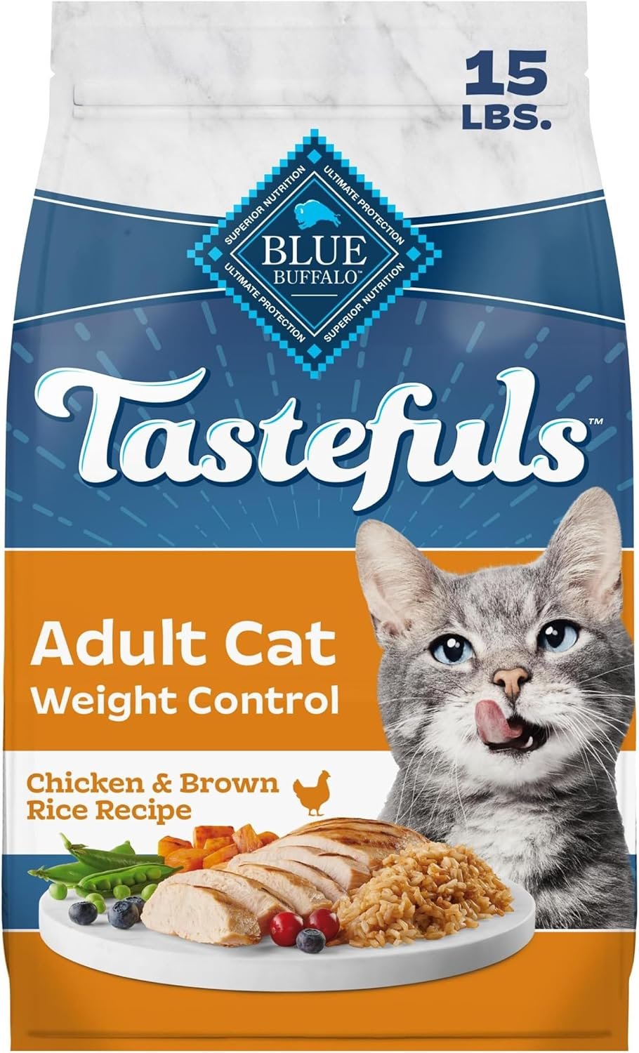 Blue Buffalo Tastefuls Chicken Weight Control Dry Cat Food, 15 lb | Real Chicken First, Adult Formula, No Chicken By-Product, Corn, Wheat, or Soy