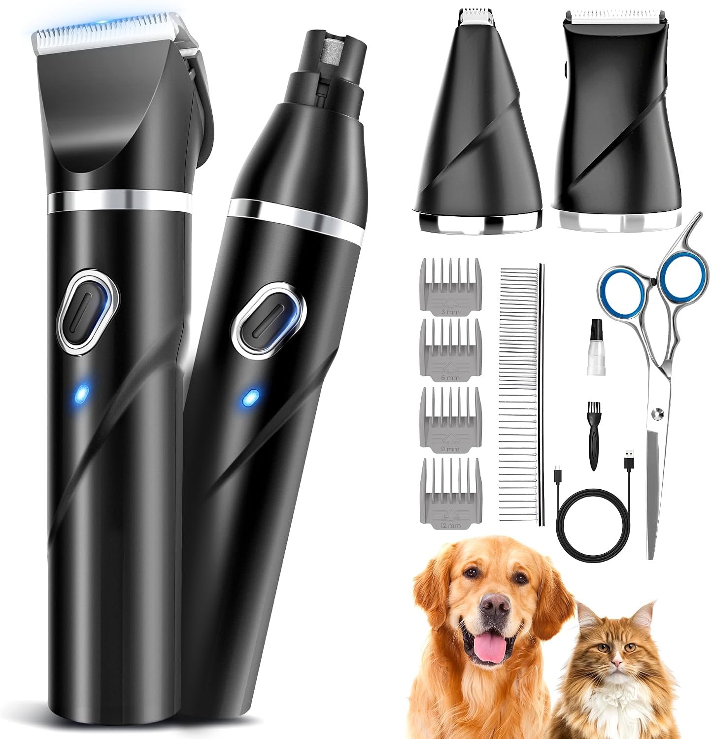 PAPMINI 4 in 1 Dog Grooming Kit for Thick Hair, 2000mAh Heavy Duty Dog Clippers for Grooming, 2-Speed Low Noise Paw Trimmer with Nail Grinder for Body, Paws, Nail, Face, Ears, Legs