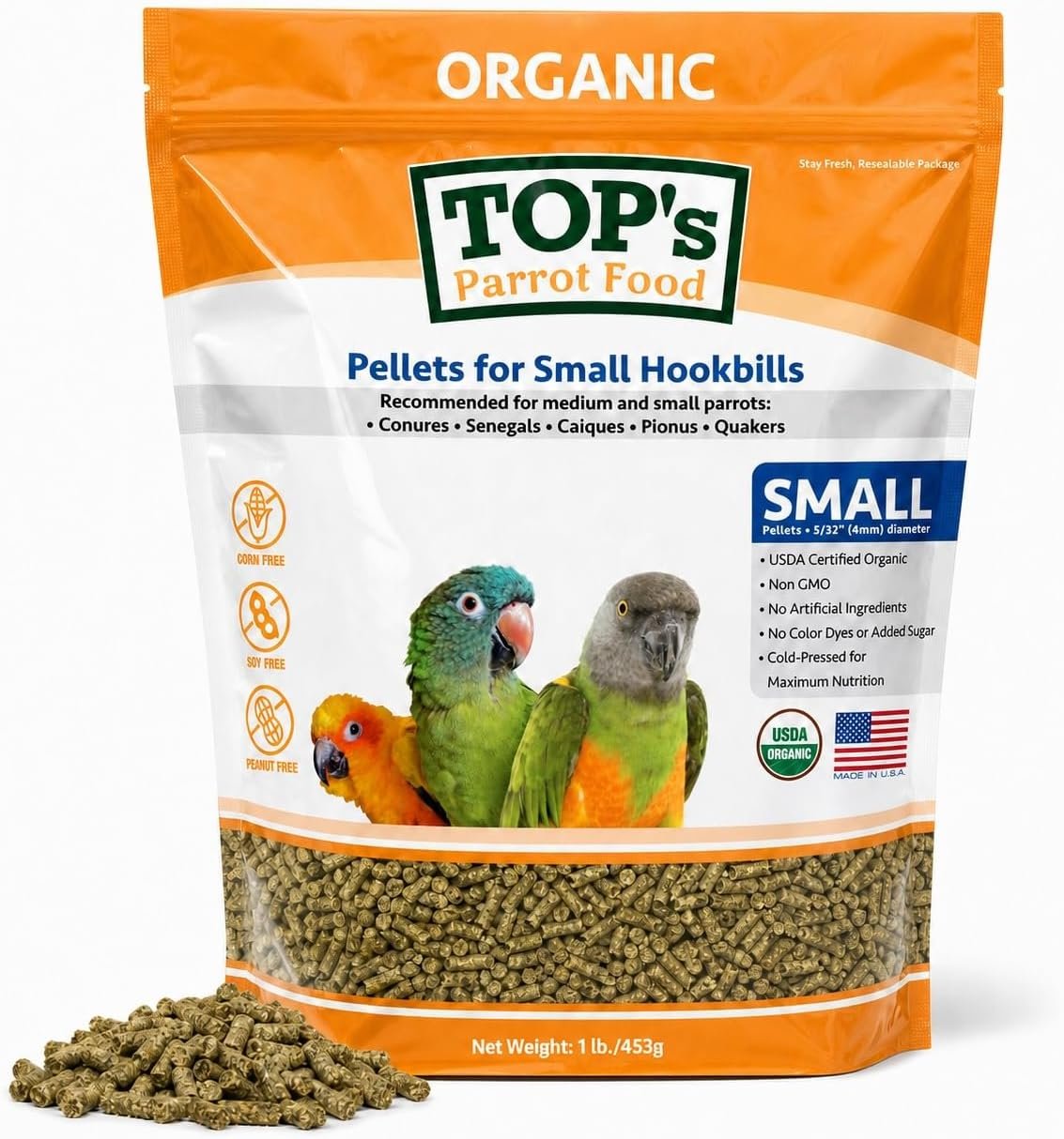 TOP’s Parrot Food Bird Pellets for Small Hookbills – Non-GMO, Peanut Soy & Corn Free, USDA Organic Certified (1lb)