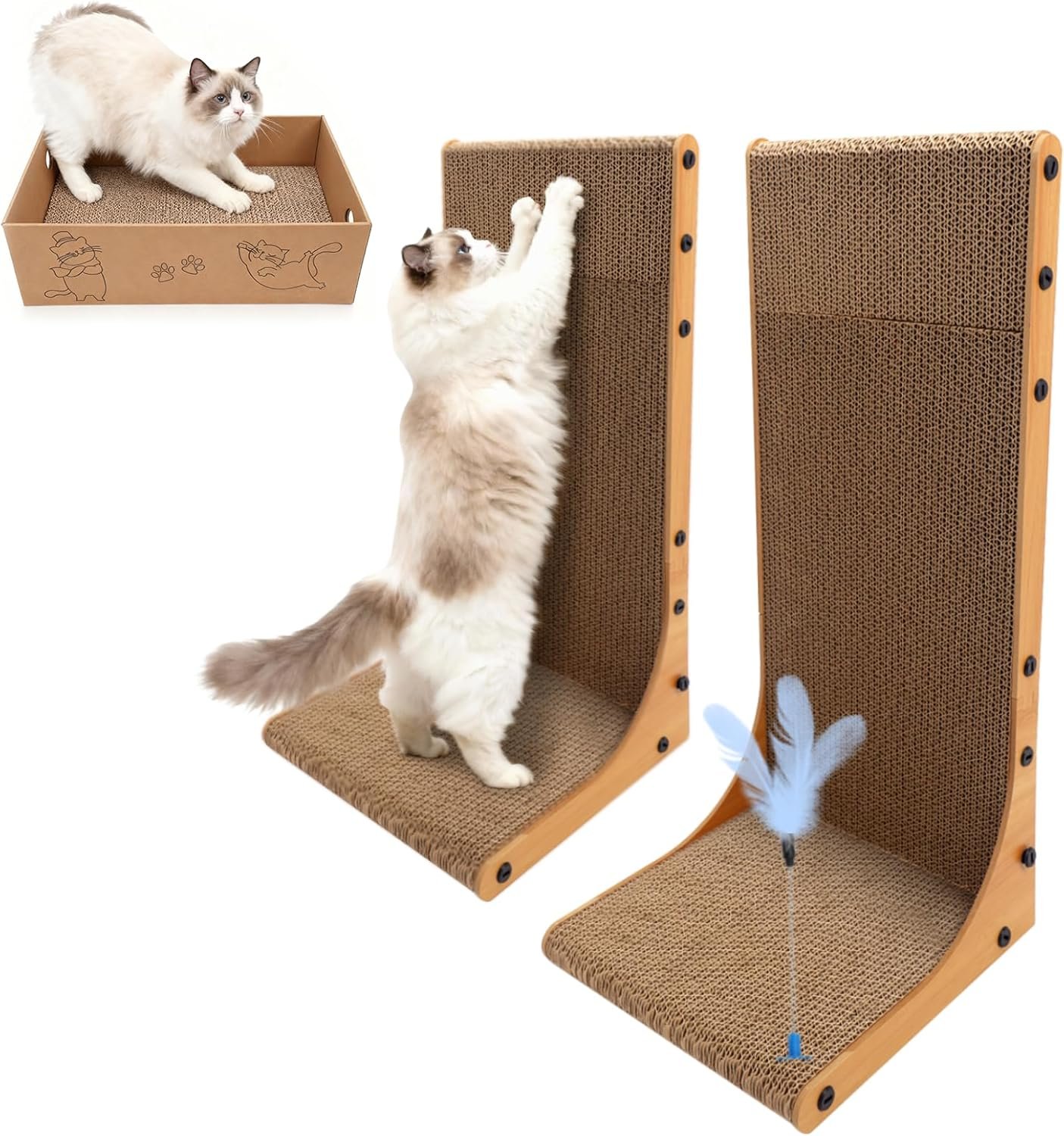Goosheep Cat Scratching Post, 3-in1 Cat Scratcher for Indoor Cats, 2PK 22in L-Shaped Scratching Board with 1PK Cardboard Box Scratch Pad, Cats Scratch Furniture Protector with Feathered Toy