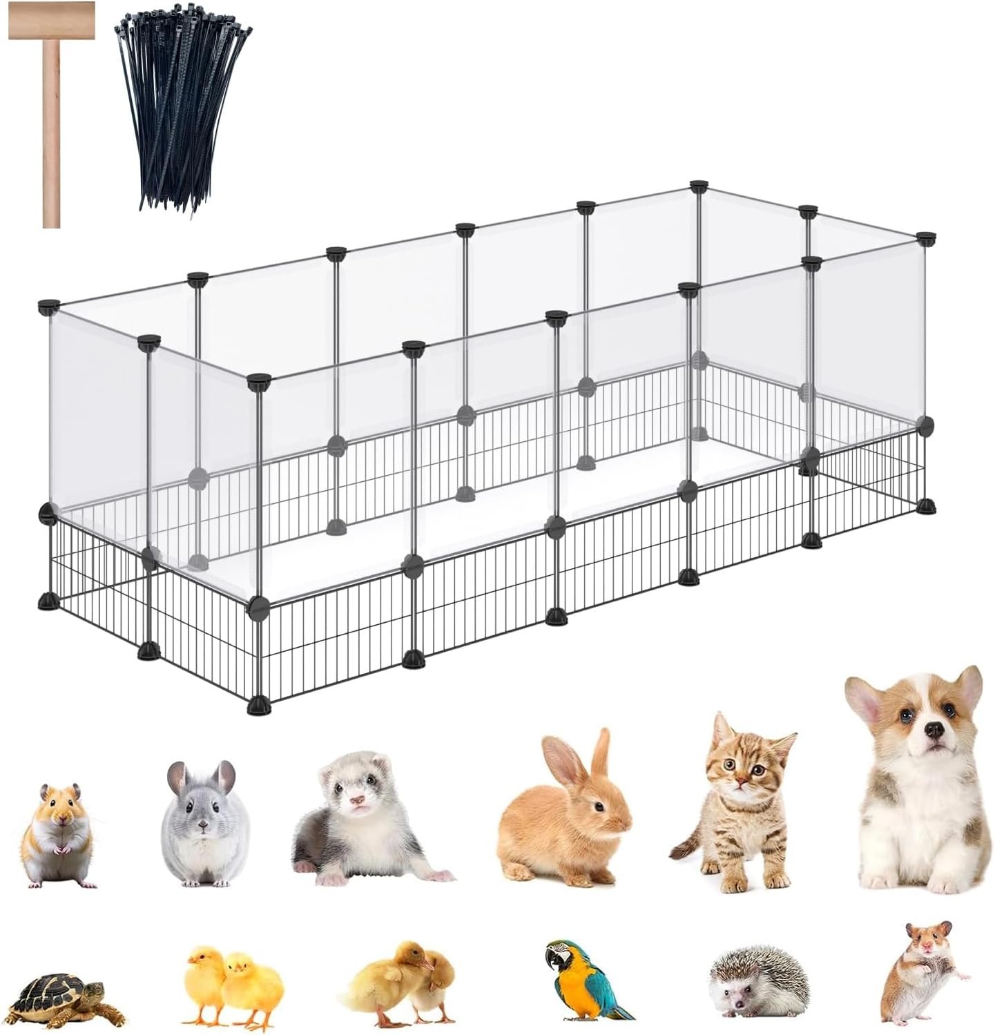 DINMO 28 Panels Bunny Playpen, Iron Net Bottom, 61.4″ L x 25.4″ W x 22.3″ H | For Small Animals: Kittens, Guinea Pigs, Hamsters, Ferrets, Hedgehogs, Chicks & Ducklings, DIY, Expandable Portable Enclosure