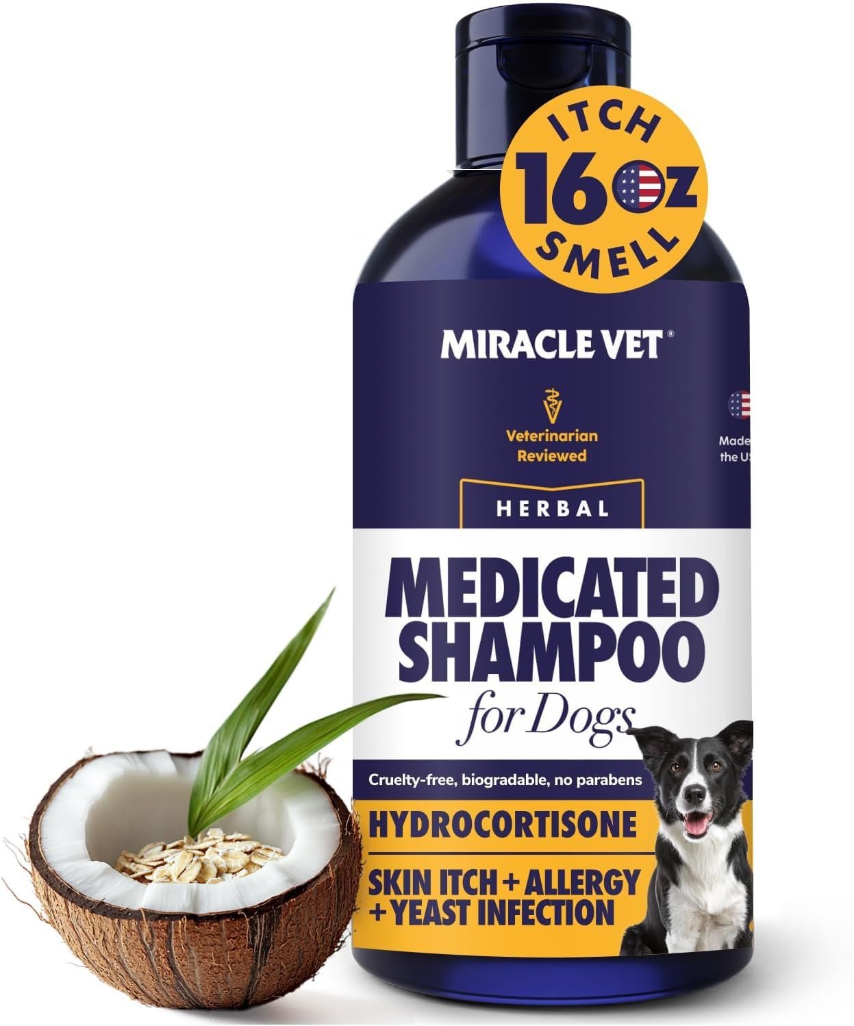 Miracle Vet Medicated Dog Shampoo for Itchy Skin Relief – Antifungal for Dog Allergy Relief, Yeast Infection, Hot Spot & Dry Skin Anti-Itch Treatment Wash – Hydrocortisone (16 oz)