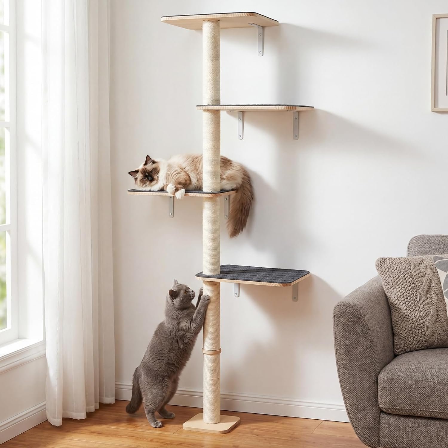 Veehoo Wall Mounted Cat Tree for Large Cats, 66-Inch Cat Wall Climber | Large Perches, Non-slip Carpet, for Climb, Scratch, Lookout and Play