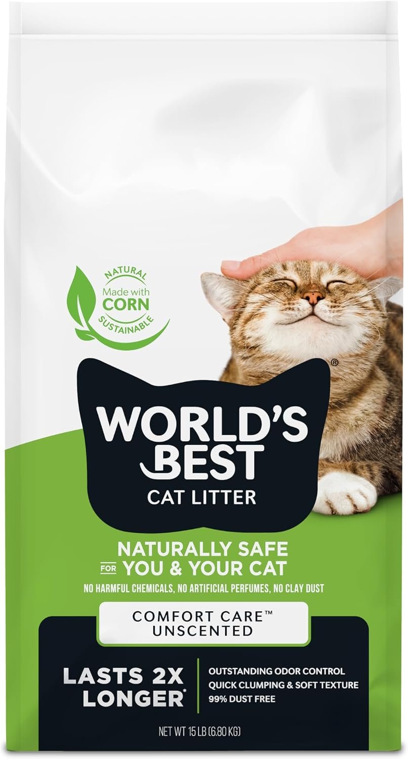 World’s Best Cat Litter, Comfort Care, Unscented, Odor Control, 15 lb Bag | Gentle odor control for sensitive cats and lasts 2x longer; natural corn litter, quick clumping, flushable, 99% dust free