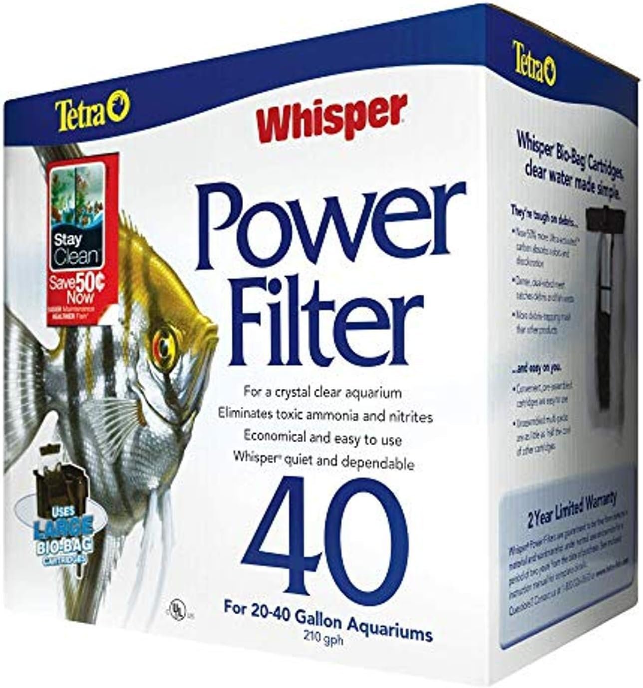 Tetra Whisper PF40 Power Filter For Aquariums | For Fish Tanks Up To 40 Gallons, Whisper Quiet, 3-Stage Filtration, Stay Clean Technology For Healthy pH Levels, Self-Priming