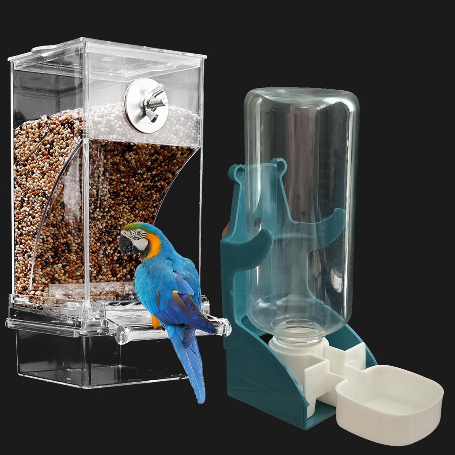 No Mess Bird Feeder Water Dispenser Set Acrylic Automatic Parrot Feeder | Transparent Parrot Food Container Drinker Cage Accessories for Small Birds Canary Finch (Dark green, 1)