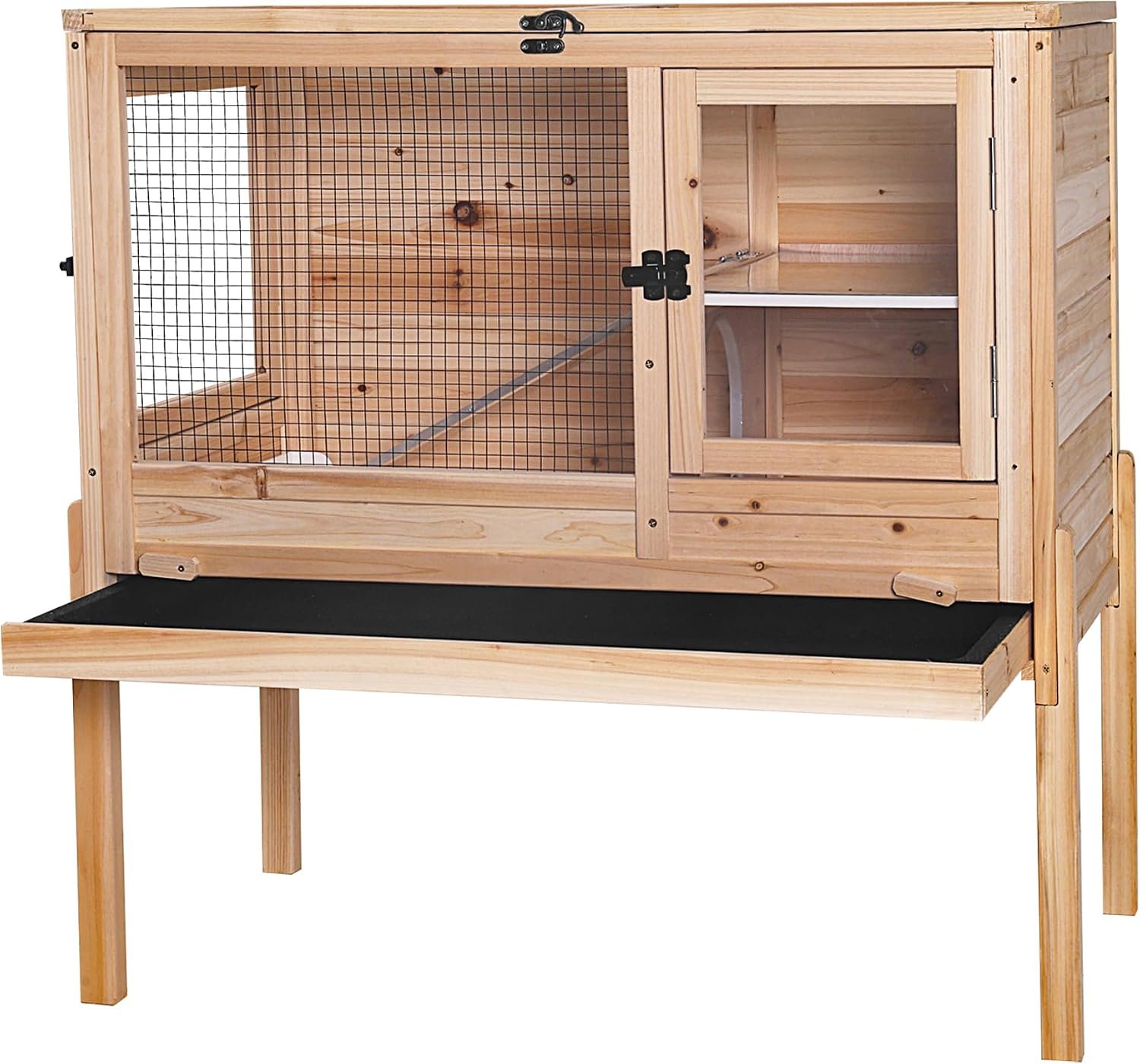 Aivituvin Guinea Pig Cages, Rabbit Hutch with Anti-Chew Frame, Bunny Cage with Deepened Pull-Out Tray, 3 Openable Areas, Assemblable Legs, Ramp & Hideout Included – Wooden
