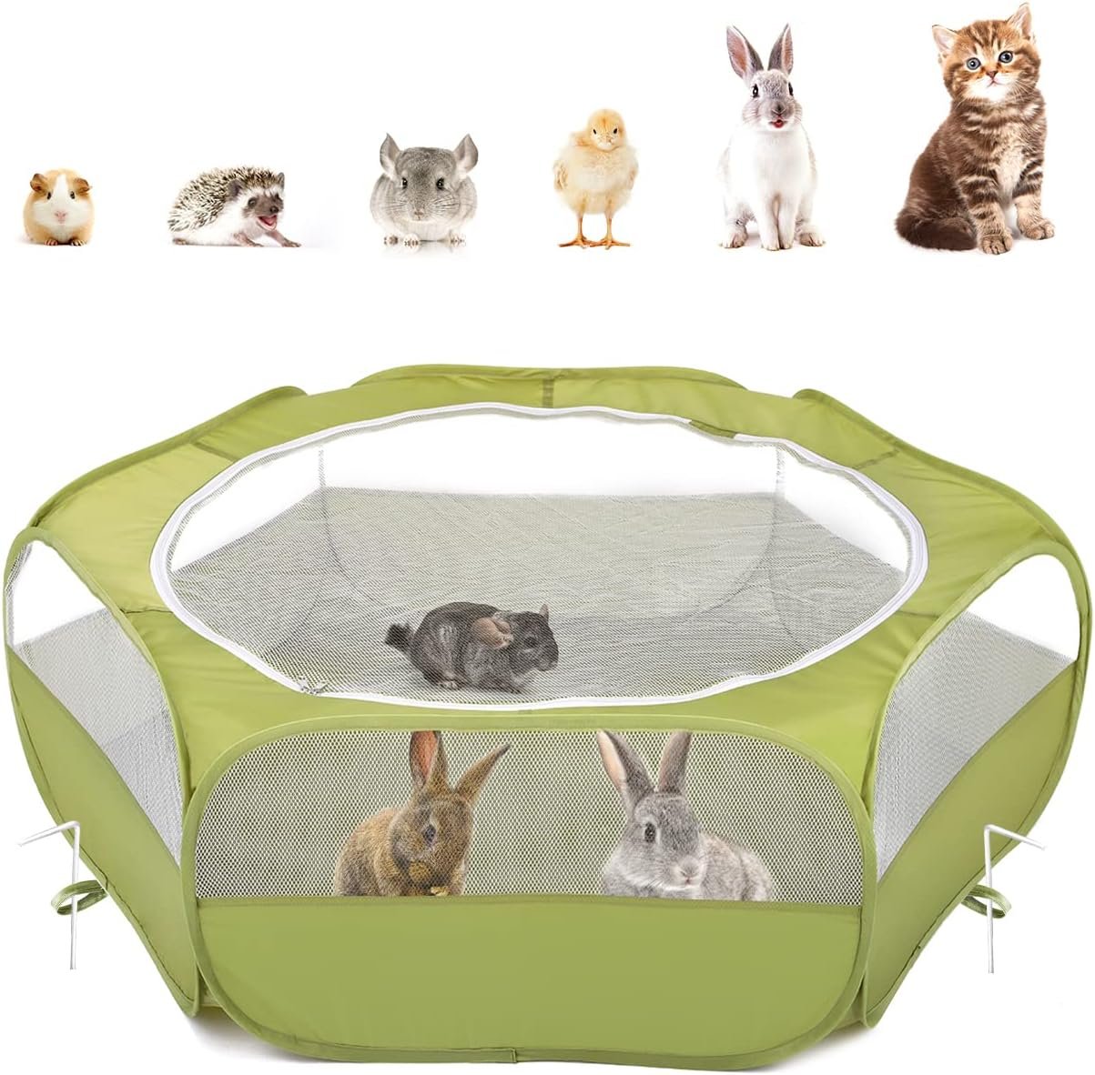 Pawaboo Small Animal Playpen with Zippered Cover,Green | Portable pop-up pet tent for supervised rabbits, guinea pigs, chicks and kittens; water-resistant bottom and 3 metal rods