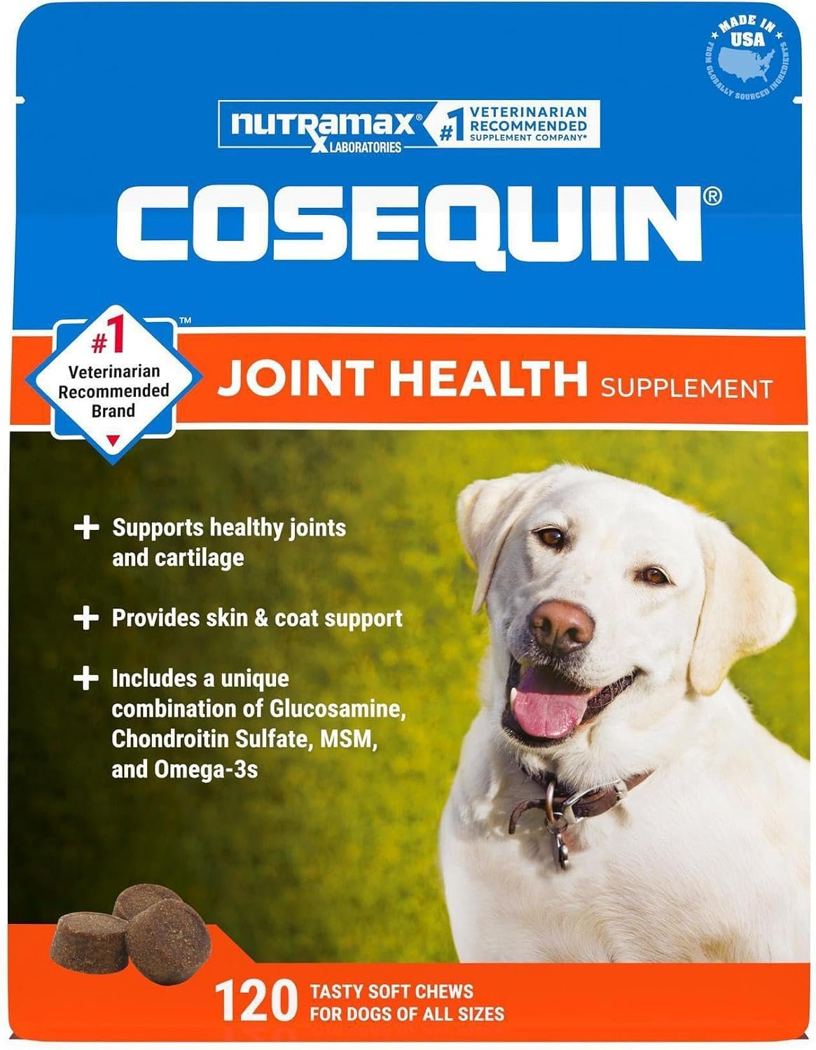 Nutramax Cosequin Joint Supplement for Dogs, Skin & Coat, Soft Chews,120ct | Glucosamine & Chondroitin for Dogs with MSM, Omega-3s, Supports Joints, Skin and Coat Health, All Ages & Sizes