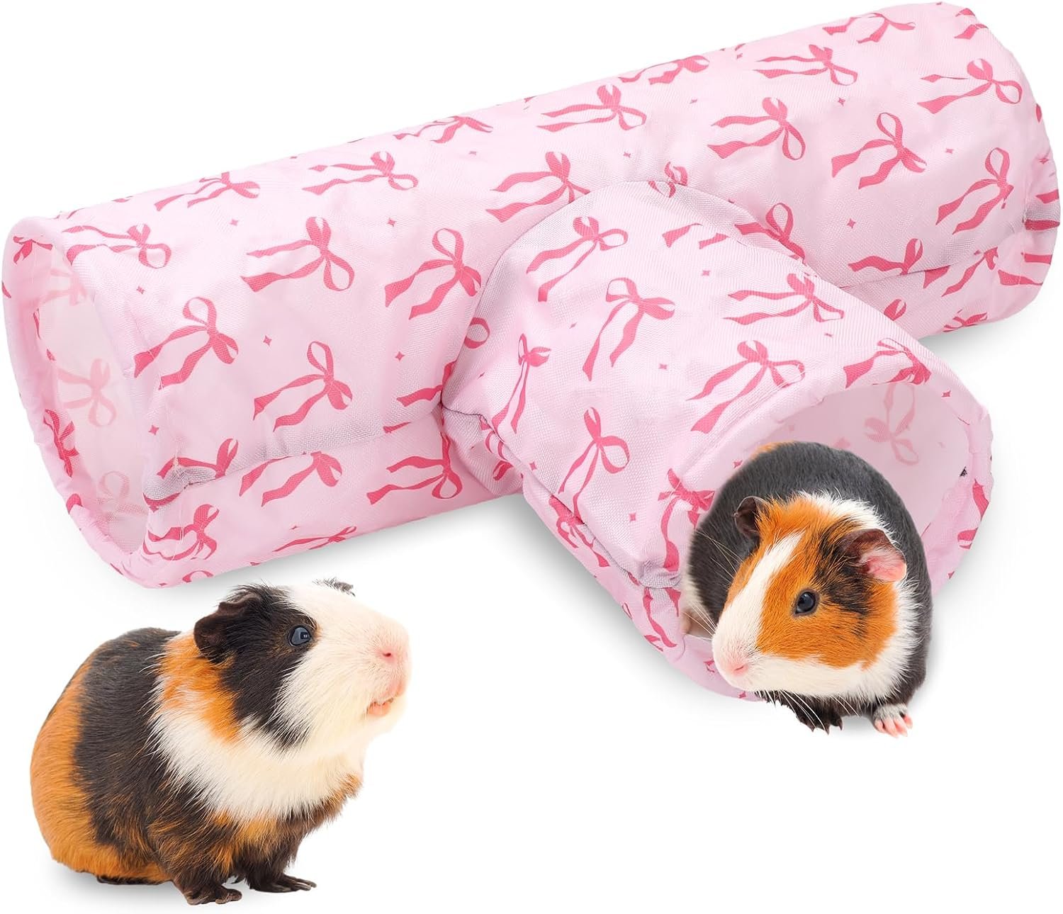 JarThenaAMCS Guinea Pig Tunnel 3 Way Washable Guinea Pig Hideout Pink Bow Foldable Rabbit Tunnel Small Animal Toy for Bunny Hamster Chinchilla Ferret Accessory