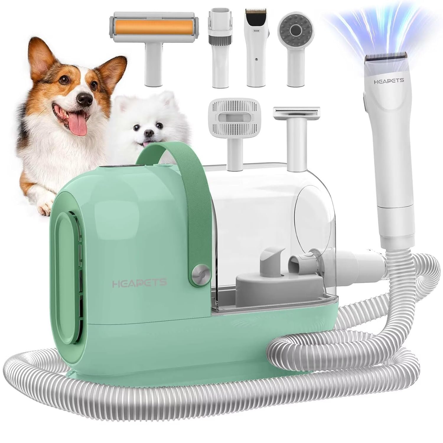 HEAPETS Dog Grooming Vacuum Kit – 3L Vacuum with 7 Tools, Low Noise Electric Clipper and Brush for Pet Shedding at Home, Green