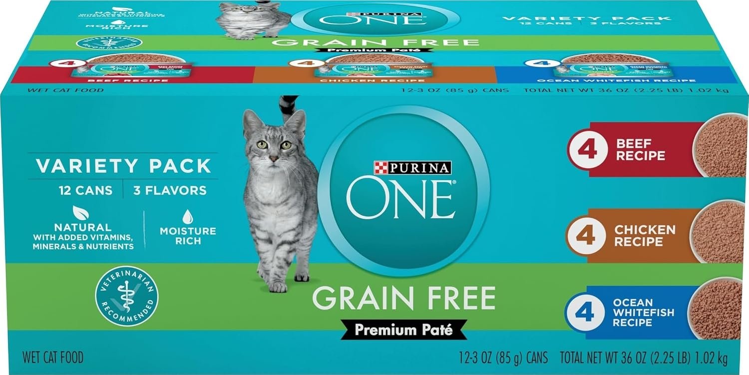 Purina ONE Grain Free Pate Wet Cat Food Variety Pack, 24 Pack 3 oz Cans | Grain free, beef, chicken, and whitefish pate recipes made with no artificial colors, flavors or preservatives for adult cats