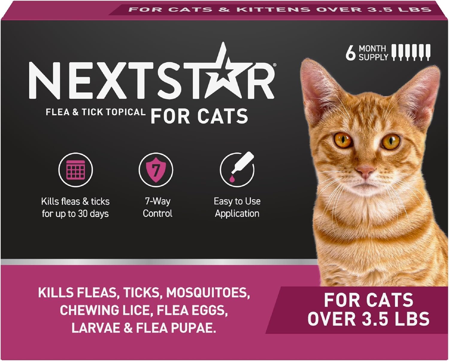 NextStar Flea & Tick Topical Cats 3.5 lbs+, 7-Way, 6-Month | Ideal for Cats 3.5 lbs+; Kills Fleas, Ticks, Mosquitoes & Lice; 6-month supply; 30-Day Protection
