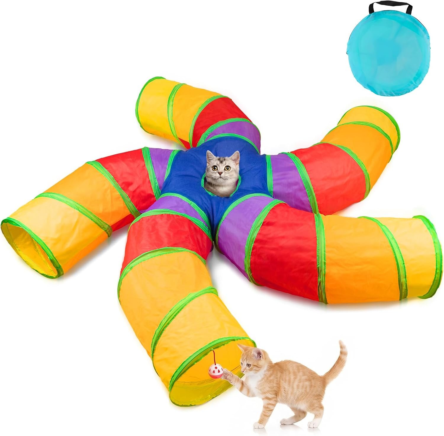 Depets Cat Tunnel for Indoor Cats, Large Collapsible Cat Tube Toys, 5-Way | Pet Play Tunnel with Interactive Peephole & Play Ball, S-Shaped, for Kittens Puppies Rabbits Indoor Exercise, Polyester