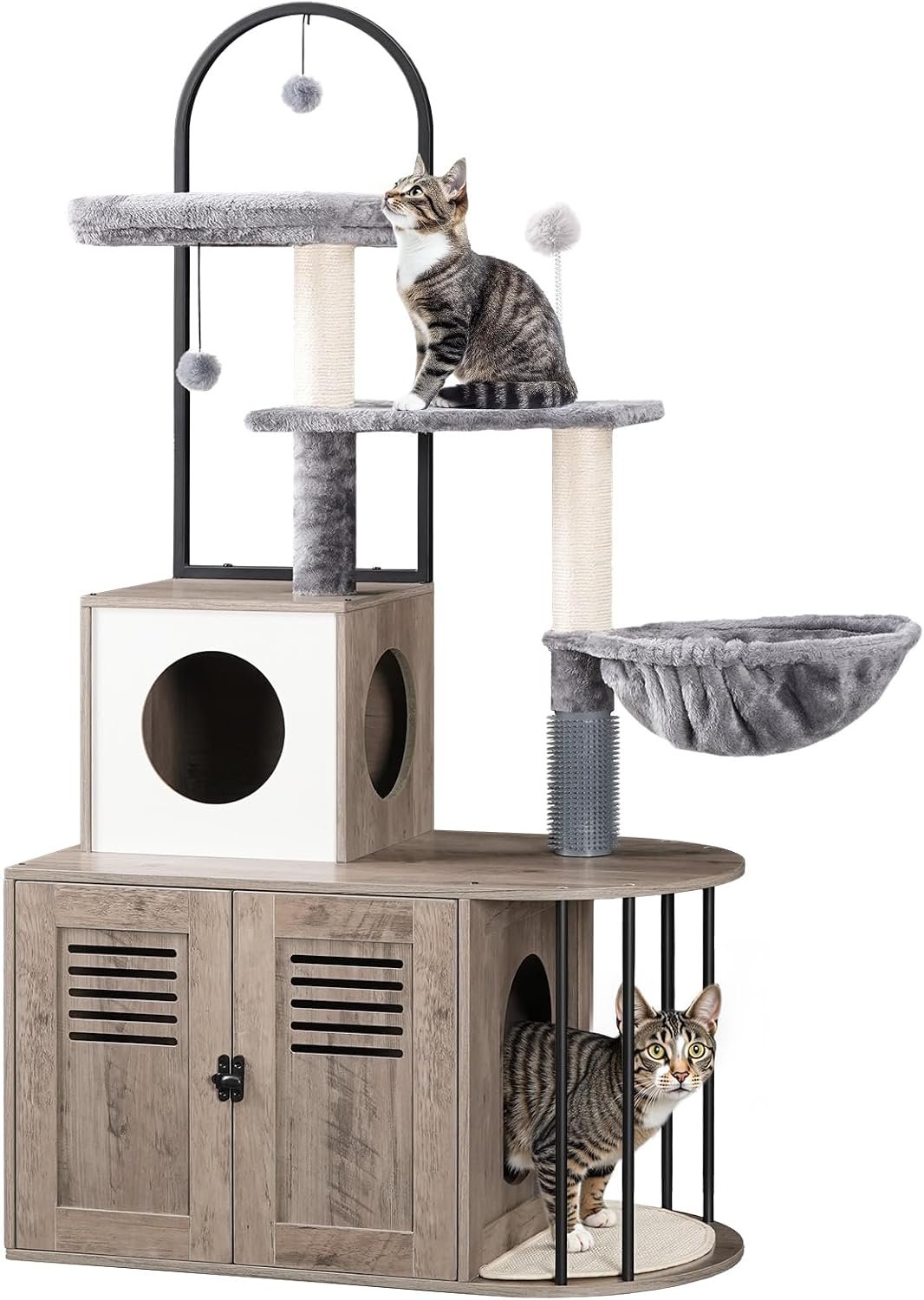 HOOBRO Cat Tree with Litter Box Enclosure, Arched All-in-One 31.5″ Cat Tower with Hidden Litter Box Furniture for Indoor Cats, Versatile Cat Condo with Sisal Posts, Hammock, Greige and Gray BG45MZ03