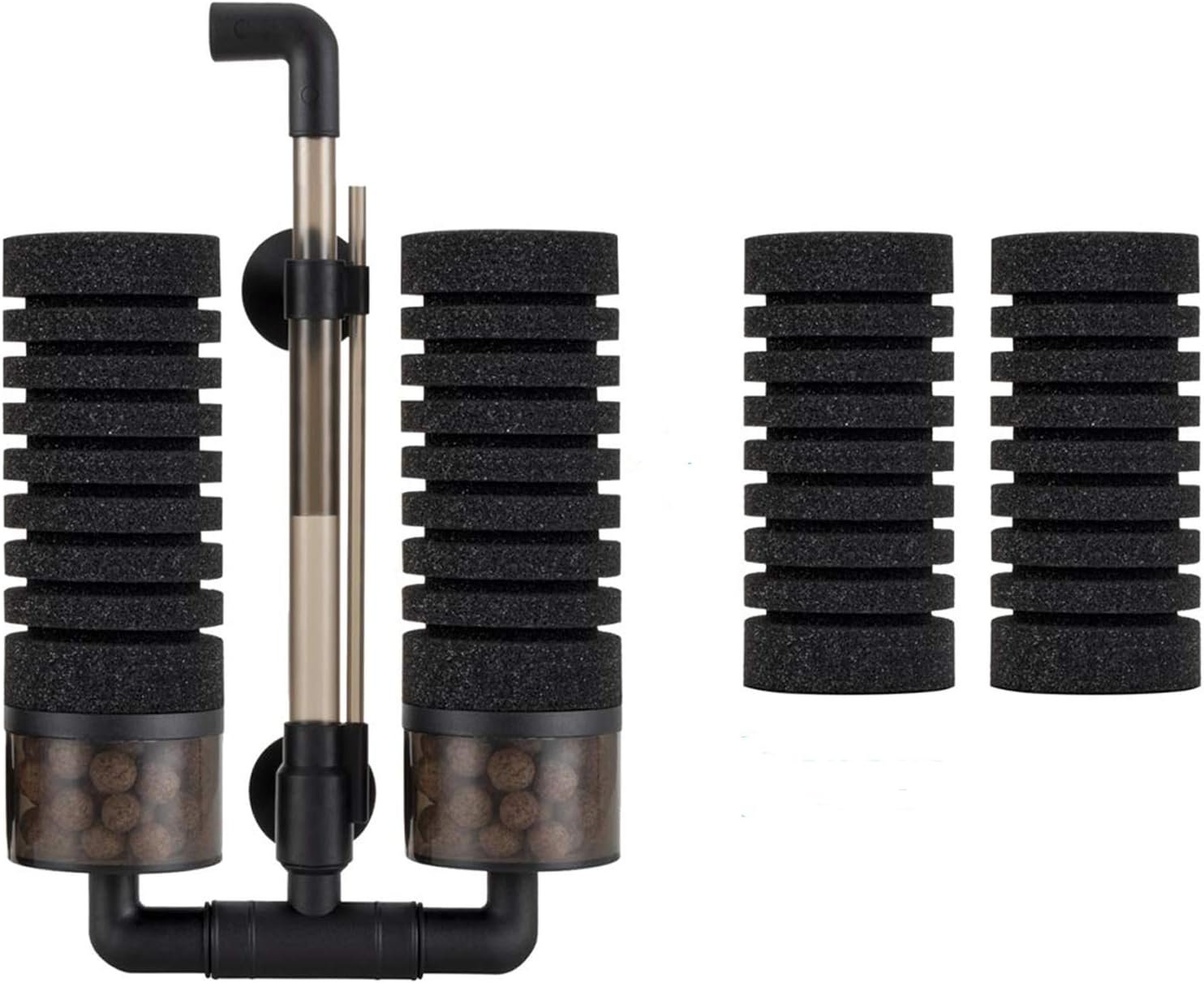 Hygger Aquarium Double Sponge Filter, Comes with 2 Spare Sponges, 1 Bag of Bio Ceramic Media Balls, Quiet Submersible Foam Filter for Fresh Water and Salt-Water Fish Tank (M)