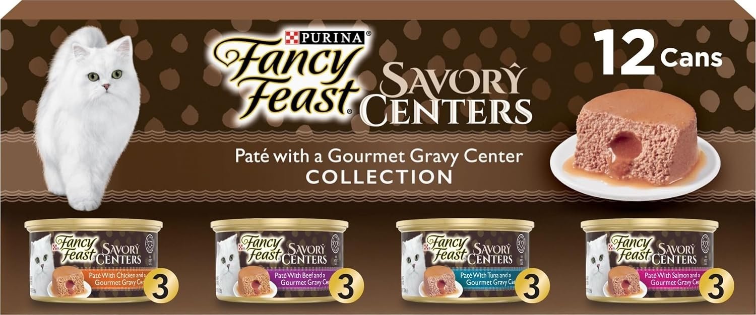 Fancy Feast Purina Savory Centers Wet Cat Food, 3 oz. Cans, 24-Pack | Variety pack with chicken, salmon, beef and tuna pate recipes, 100 percent complete and balanced nutrition