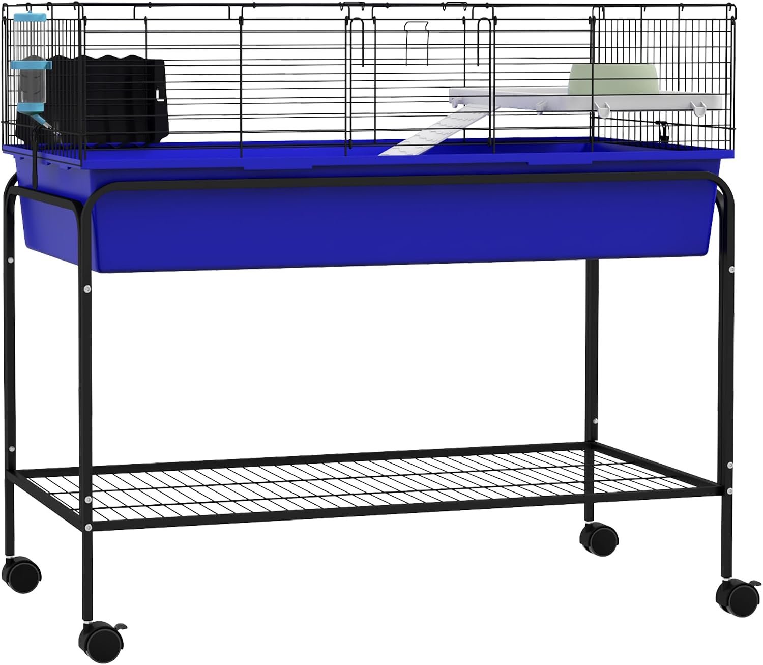 PawHut Two-Story Small Animal Cage Shelf & Wheels 39″ x 20.5″ x 36.5″ Blue | Removable from Stand, Guinea Pig Cage, Pet Habitat for Hedgehog, Chinchilla, Ferret