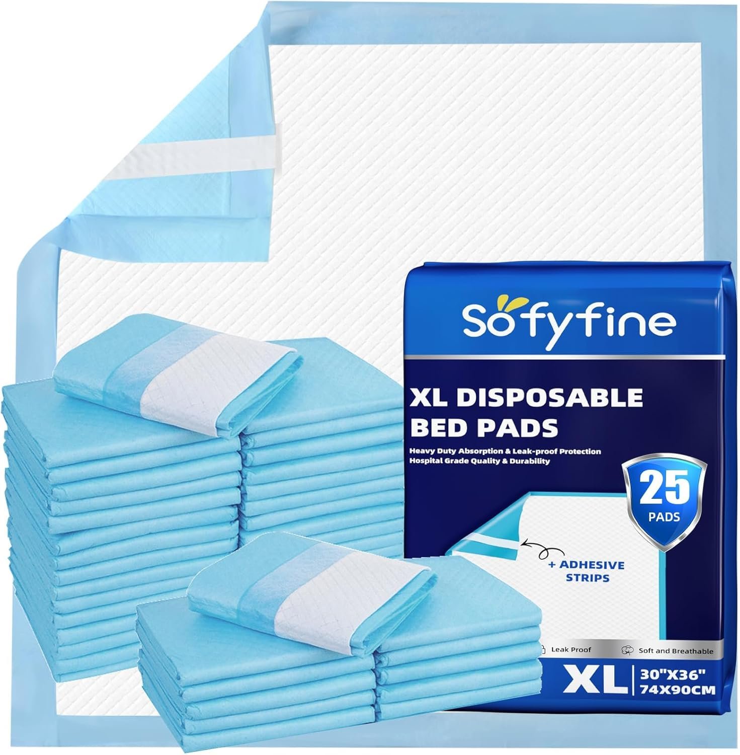 SOFYFINE Bed Pads with Adhesive Strip 30″x36″ Thicken Elderly Adults Incontinence Underpads Disposable,Heavy Duty Absorbent Chucks Waterproof,XL Extra Large Puppy Pee Training Pad[25 Pads]