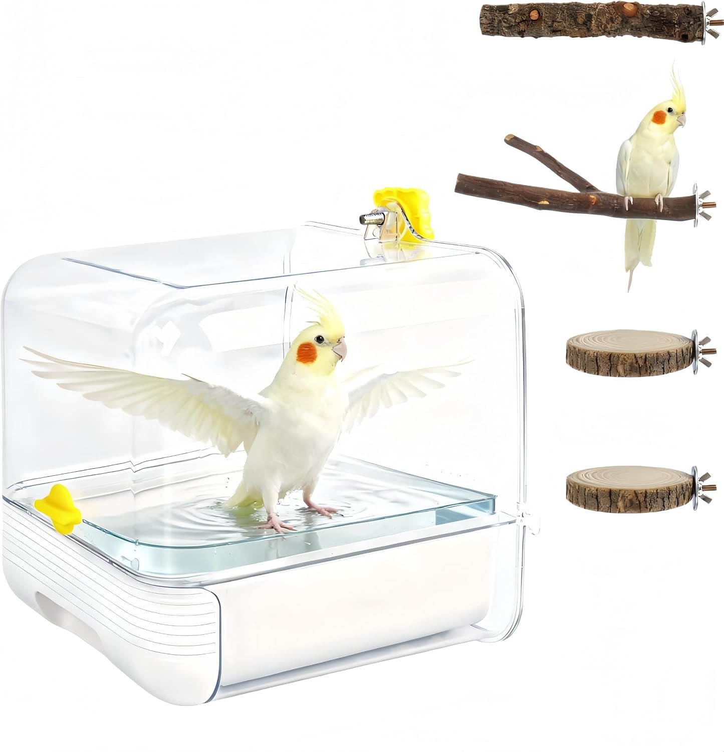 Hanging Bird Bath for Cage, with Wood Perches, Bird Cage Accessories for Small Medium Birds Lovebird, Parakeet, Cockatiel, Essential Bird 7.3″ x 7.3″ x 8.2″ (White)