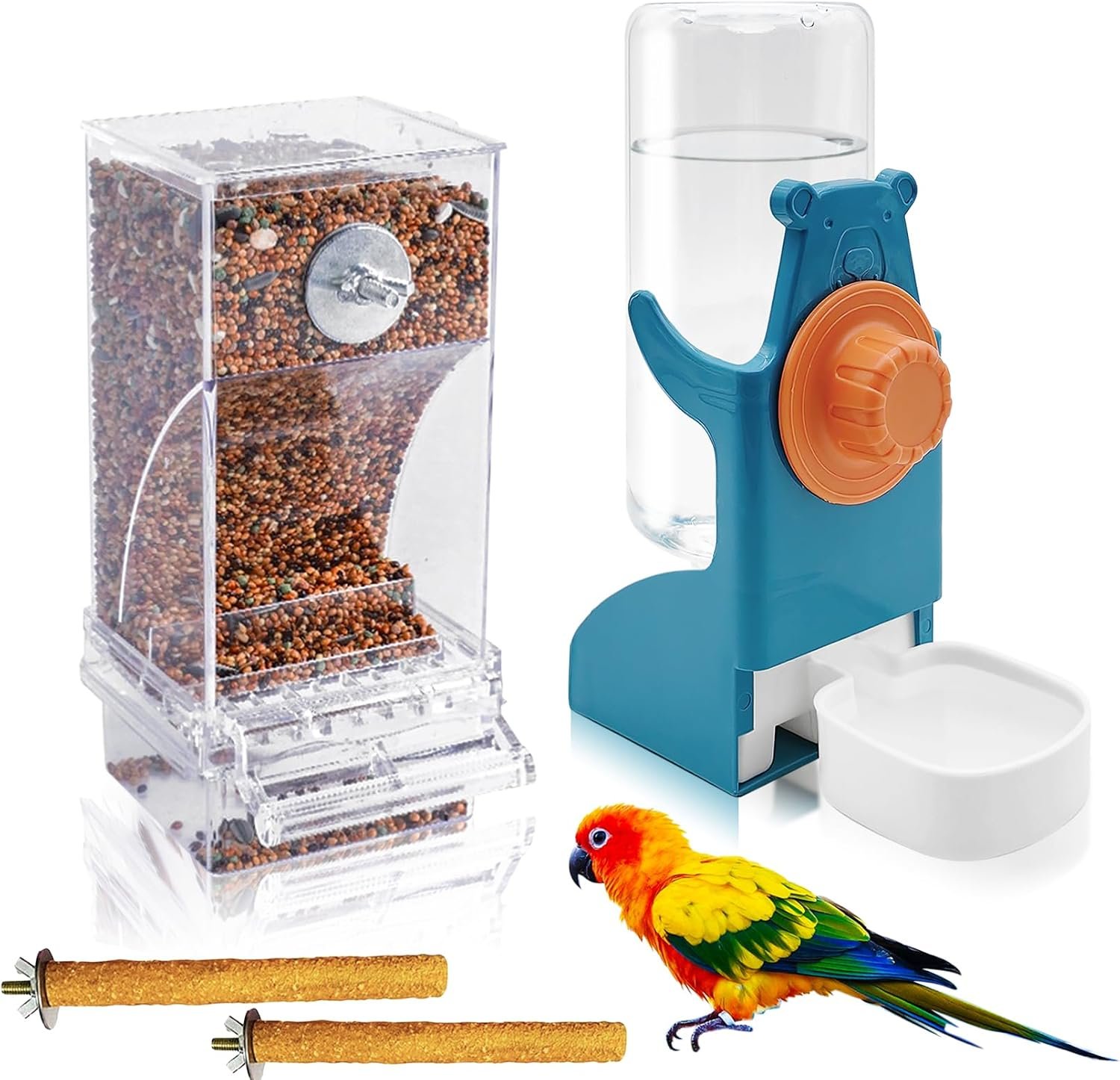 VCEPJH No Mess Bird Feeder with Water Dispenser, Automatic Parrot Feeder Drinker Parakeet Seed Dispenser Food Container with Cage Perch for Lovebirds Conures Budgies Canary Finch (4Pcs)