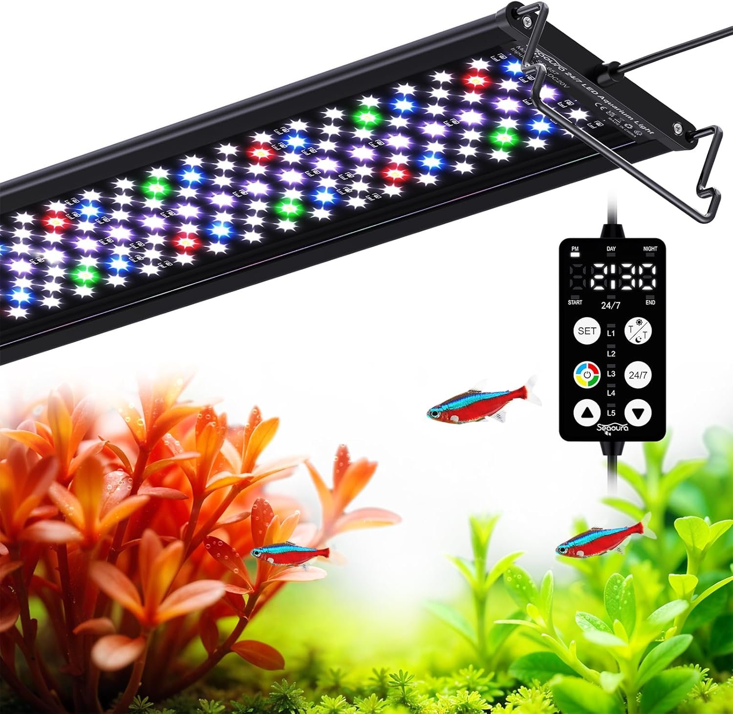 SEAOURA Aquarium Planted Light with 24/7 Timer for 48-54in Fish Tank | high PAR LEDs for plant growth, 3 timers + memory, 20 dimming, 15min fade, adjustable brackets, slim aluminum