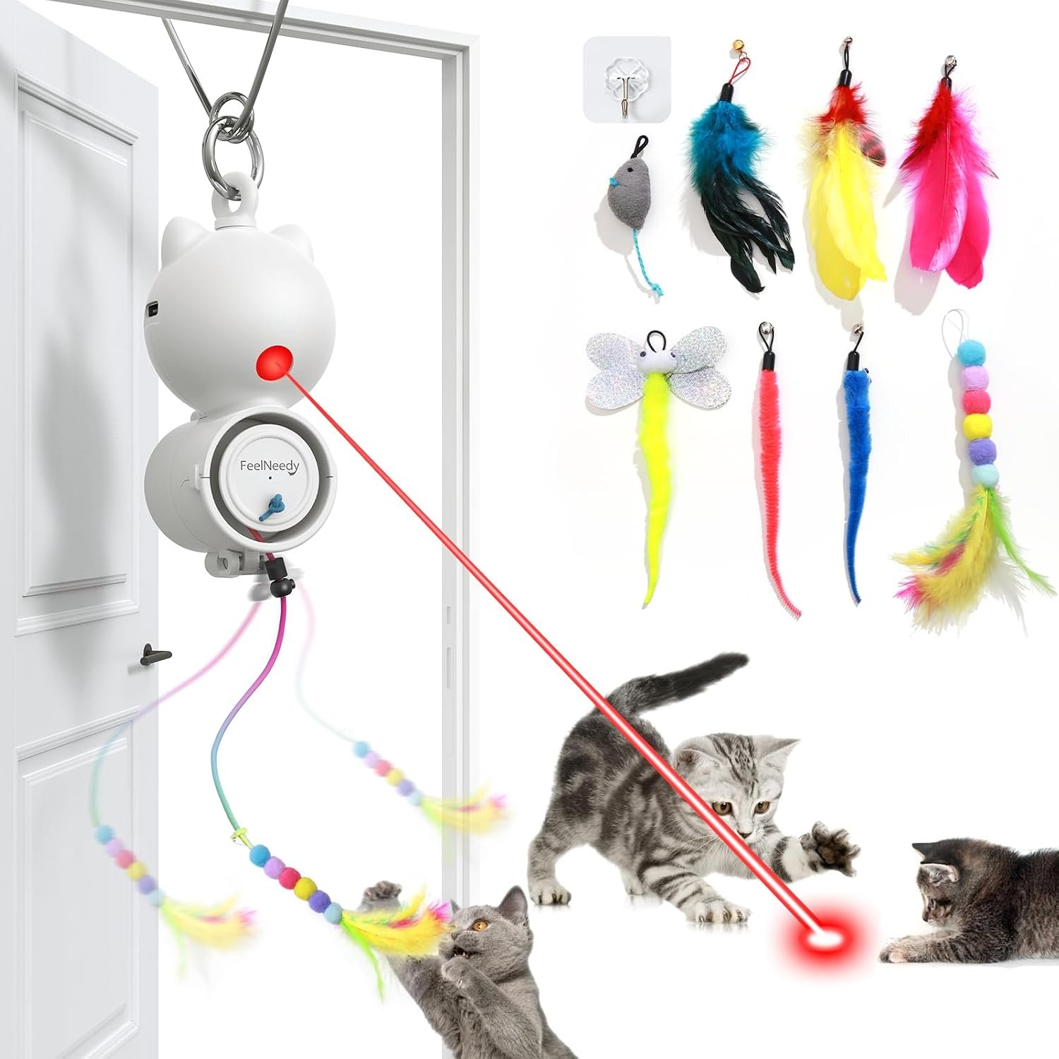 FEELNEEDY Interactive Cat Toys, LED Light, 8 PCS Replacement Teaser with Bell Refills, Feather & Mouse Cats Toy, Hanging Cat Toys for Indoor Cats, for Bored Adult Kitten Exercise, Silver