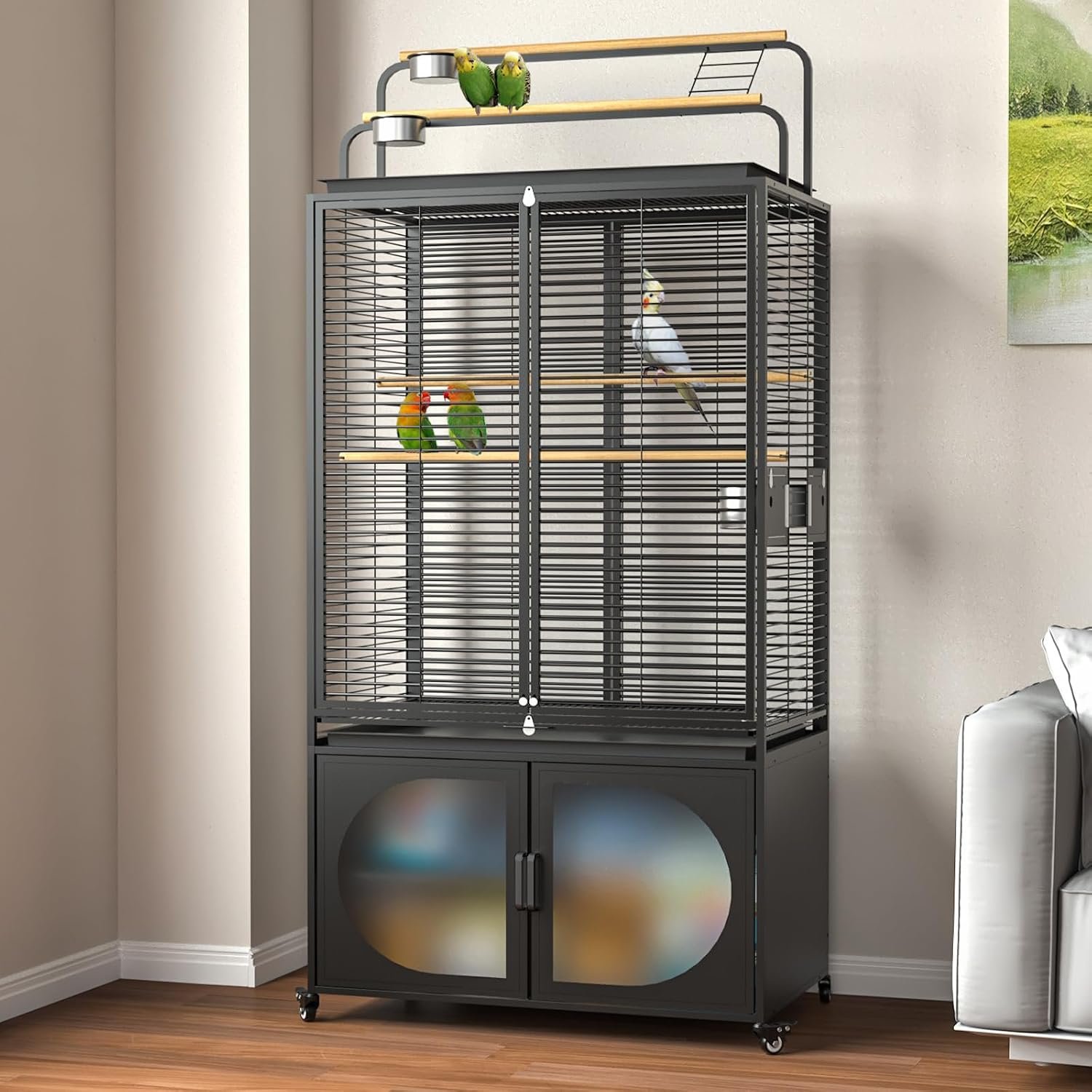 GDLF 72-Inch Parrot Bird Cage with Play Top and Storage Cabinet | Includes a UV-blocking cover, removable cleaning tray, four stainless steel bowls, perches, and lockable rolling casters