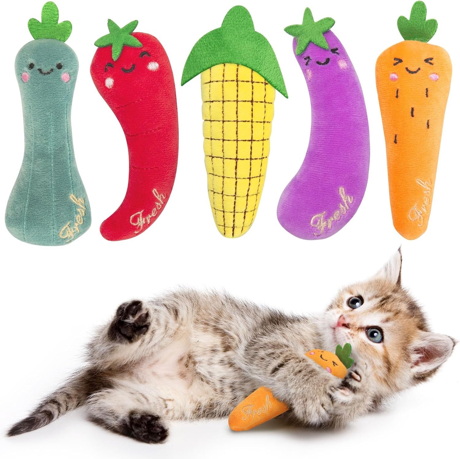 ETEKYER Catnip Cat Toys for Indoor Cats Kitten, 5 Pack, Vegetable Shape | Cat Nip Toys Soft and Durable, Interactive Kitty Kicker Chew Safe Teeth Cleaning Toy