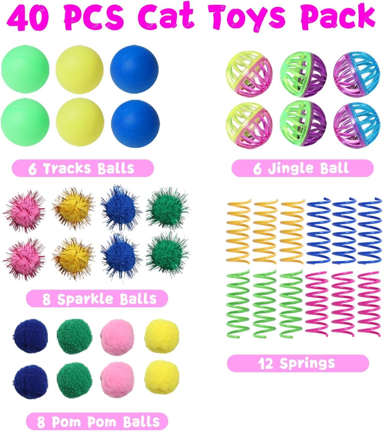 Cat Toys for Indoor Cats 40 PCS Kitten Toys | Cat Interactive Toys Pack Including Cats Springs Sparkle Ball Pom Pom Ball Jingle Balls Tracks Balls