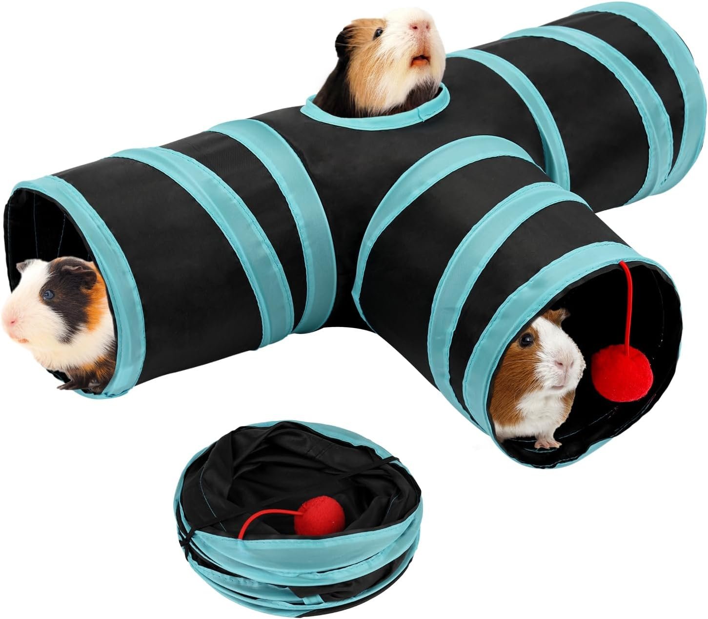 Rypet Guinea Pig Tunnel Hideout 3-Way Collapsible Pet Tubes, Blue Black | 3 Way Design for Exploration, Collapsible for Easy Storage, Built-in Play Ball, Hiding & Resting for Hamsters Ferrets