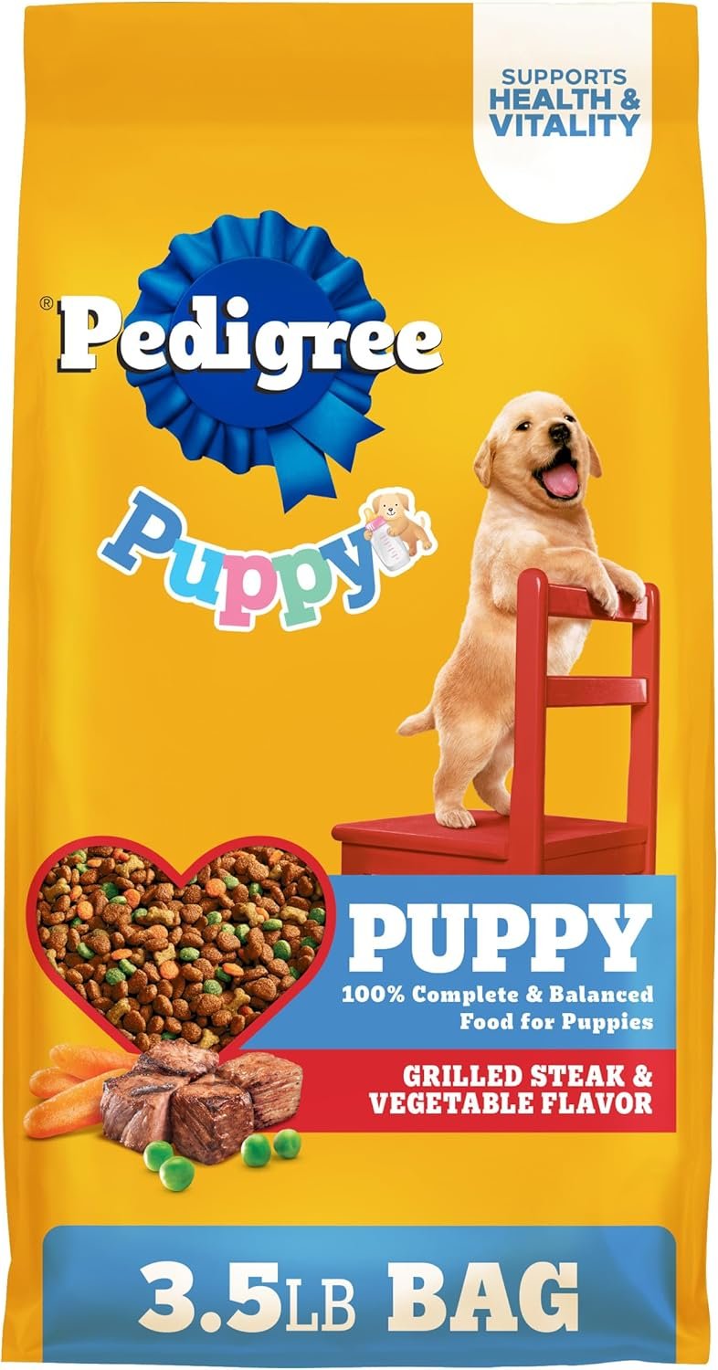 Pedigree Puppy Dry Dog Food, Grilled Steak & Vegetable, 3.5 lb | 100% complete & balanced, 36 vitamins & minerals, nutrients similar to mother’s milk, supports brain development