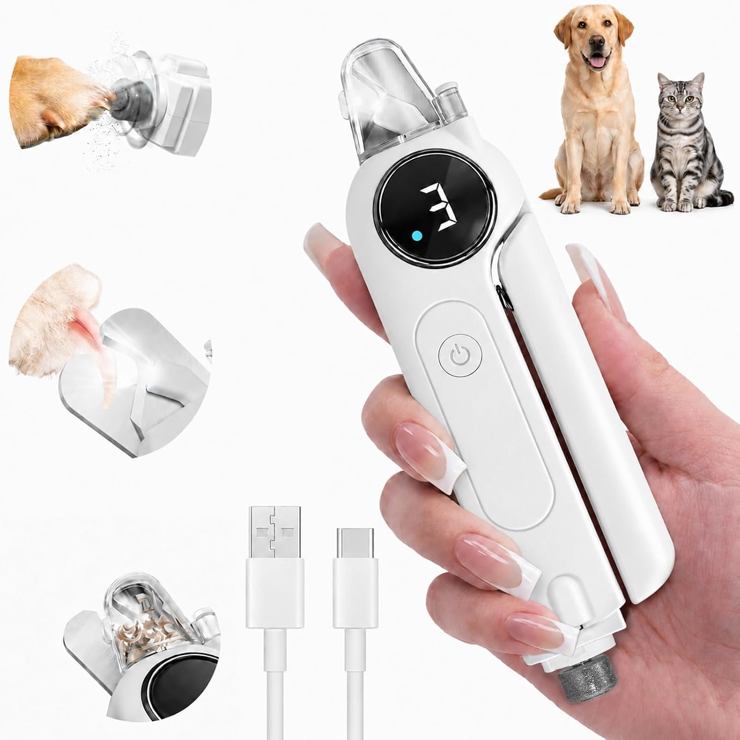 2-in-1 Quiet Electric Pet Nail Clipper & Grinder with Light for Dogs Cats | Dual LED Lights,3-Speed Grinder,Nail Clipping Splash Guard,Type-C Rechargeable,Quiet Design for Anxious Dogs & Cats