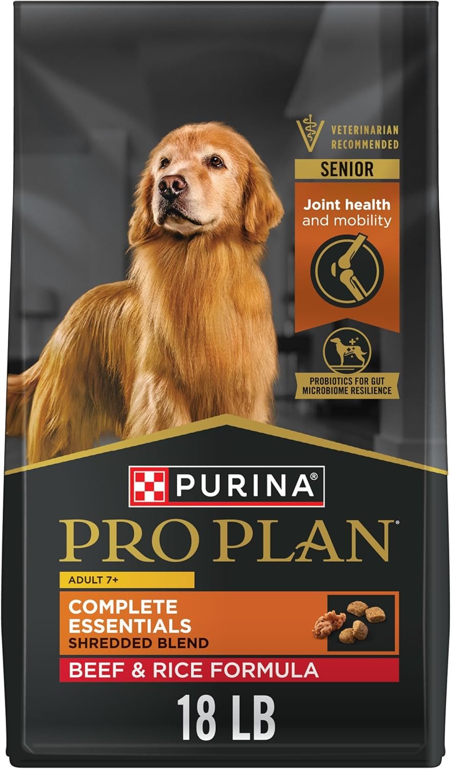 Purina Pro Plan Adult 7 Plus Complete Essentials Senior Dry Dog Food, 18 lb | Shredded Blend Beef & Rice, 29% protein, supports muscle and joint health in senior dogs