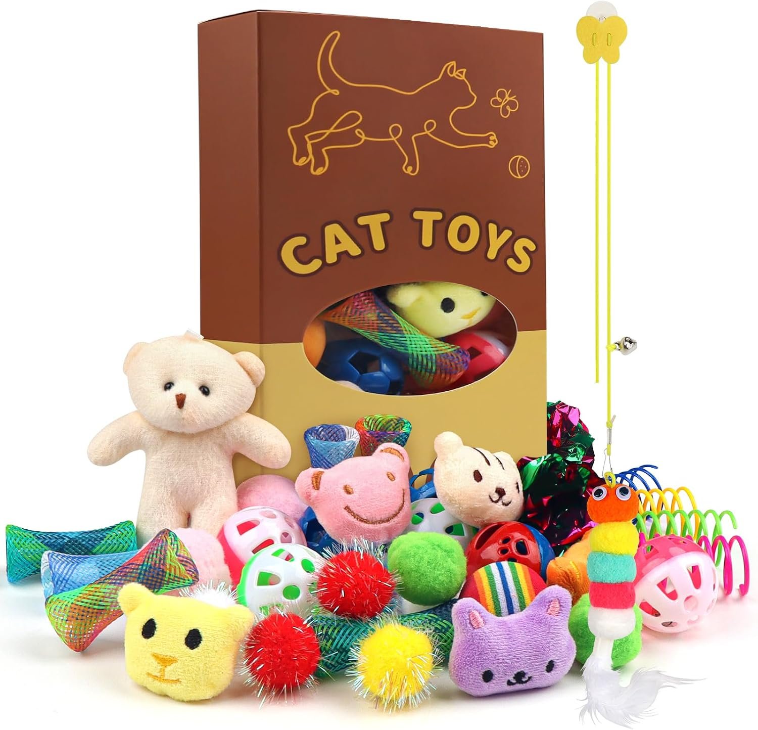 QUOZUO Kitten Toys – 38PCS Cat Play Set, Sparkle Balls, Plush Pom Pom Balls, Hanging Door Toy, Gift Box Styles