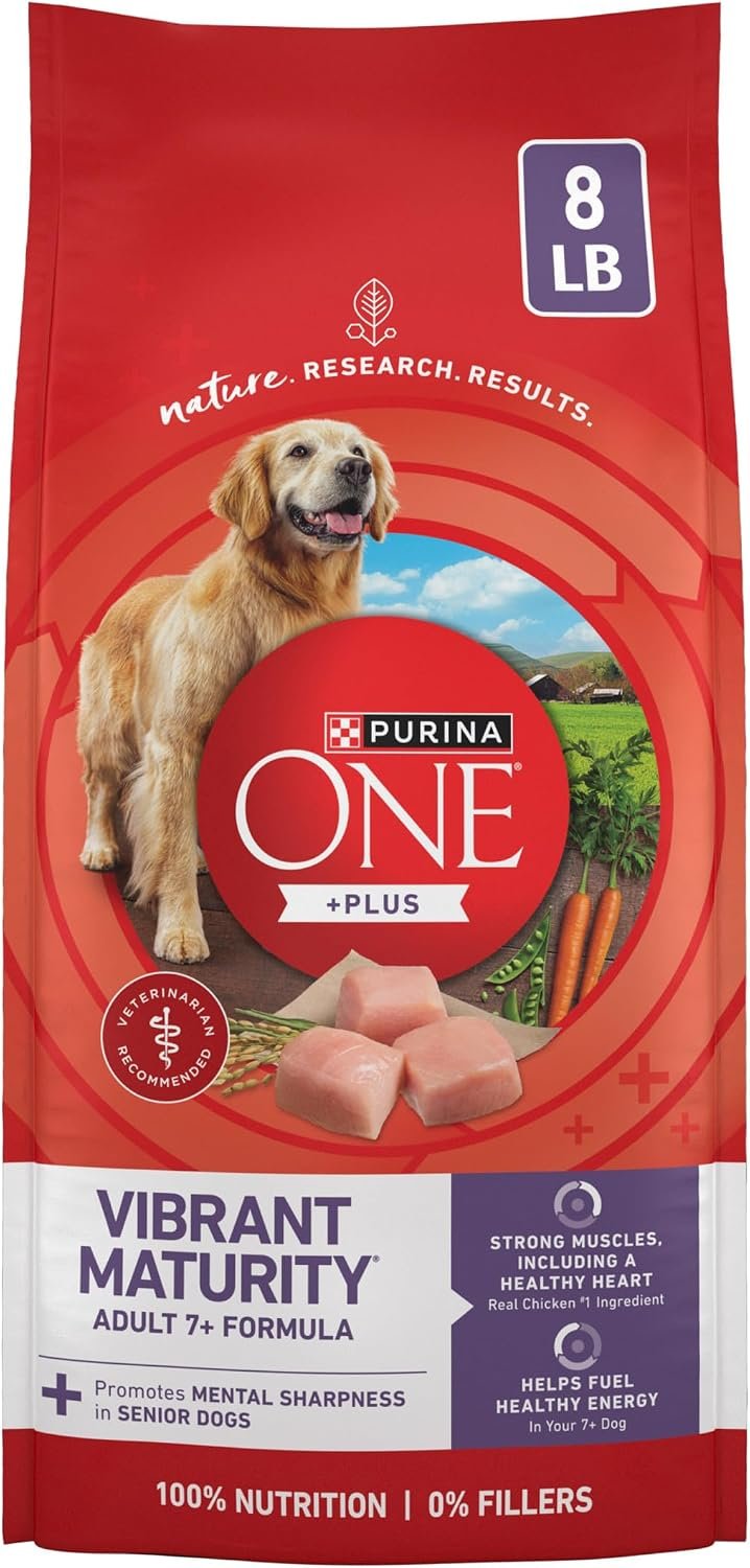 Purina ONE Plus Senior Dry Dog Food, Adult 7+, 8 lb Bag | Vibrant Maturity formula for mature 7+ dogs, real chicken as the first ingredient, promotes metal sharpness in senior dogs